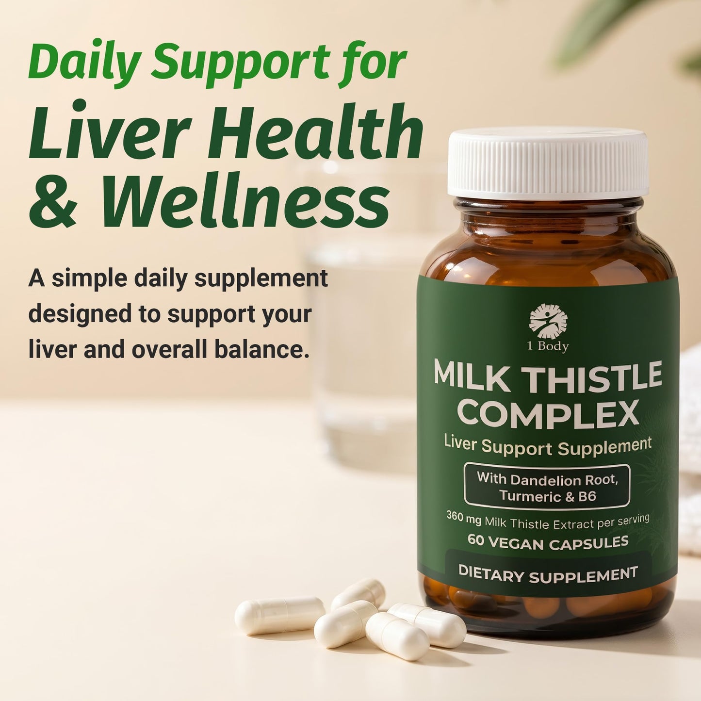 1 Body Milk Thistle Complex, Silymarin Liver Support Capsule, 60 Count
