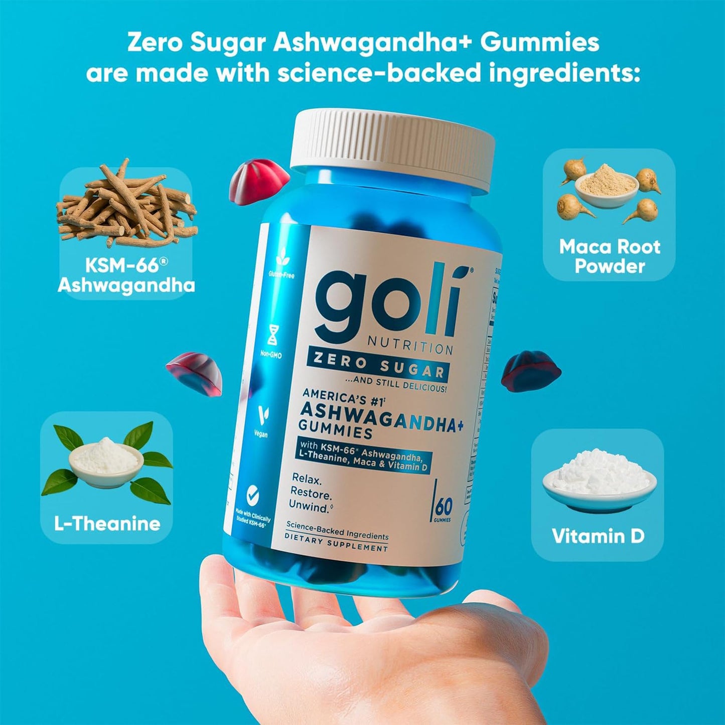 Goli Zero Sugar Trio - World's First 3-in-1 Pre, Post, Probiotic, Apple Cider Vinegar with Vitamin B12 and Probiotics, Ashwagandha & L-Theanine, Vitamin D Gummies, 180 Count