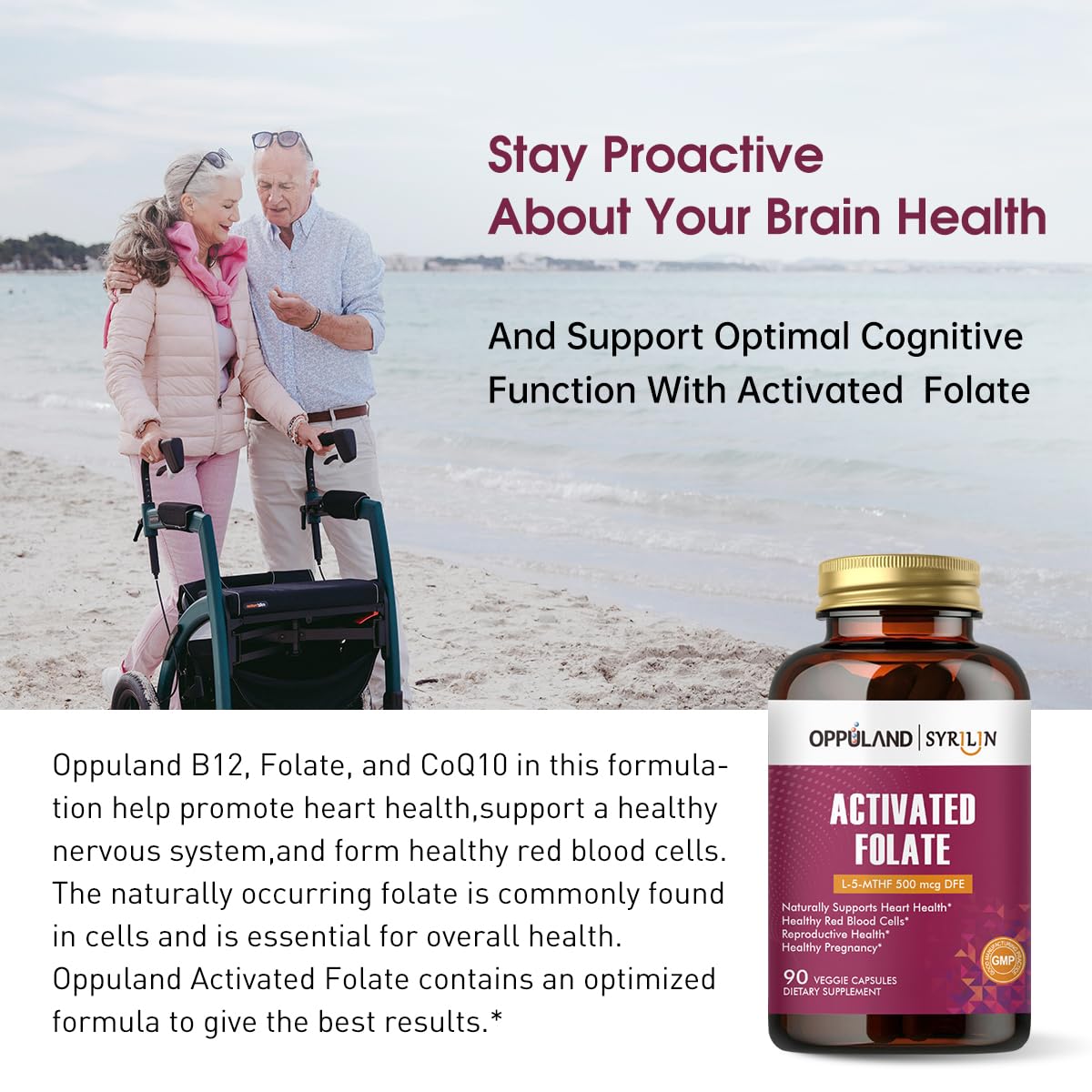 oppuland Activated Folate-L 5-MTHF DFE Supplement - Methylfolate B9 MTHF with Vitamin B12, CoQ10, & Red Raspberry - Methylated L-Methylfolate for Men and Women - 500 mcg, 90 Capsules