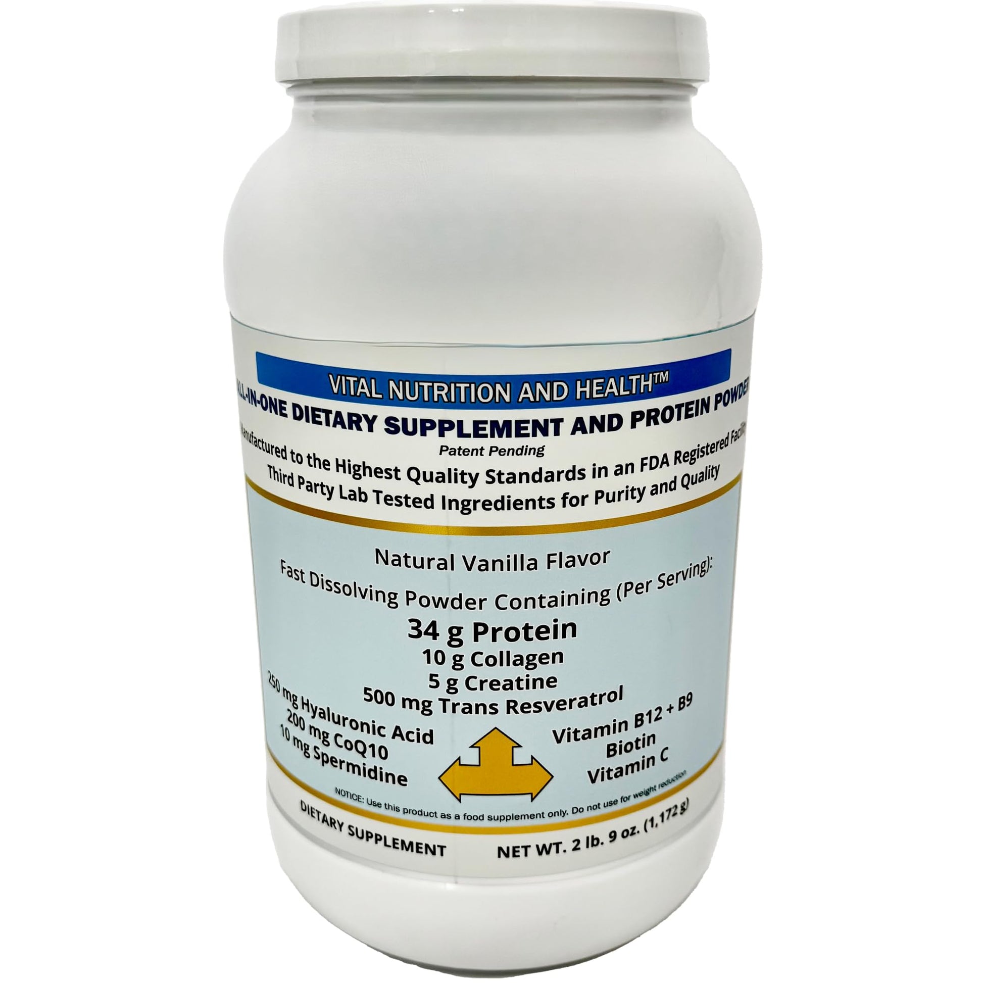 Vital Nutrition and Health All-in-One Powder: Protein, Collagen, Creatine, Resveratrol, Spermidine, Hyaluronic Acid, CoQ10 + Key Vitamins, 41 Servings