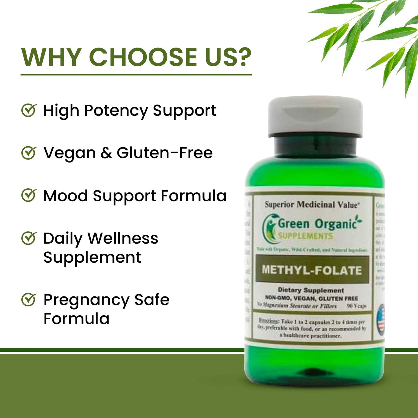 Green Organic Supplements Methyl-Folate, Folic Acid Capsule, 90 Count