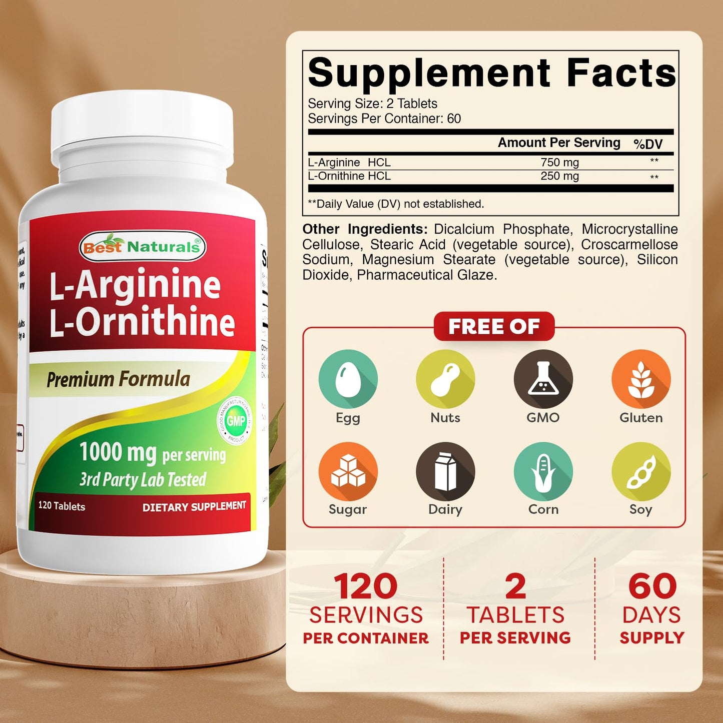 Best Naturals L-Arginine L-Ornithine 1000mg per Serving, 120 Tablets