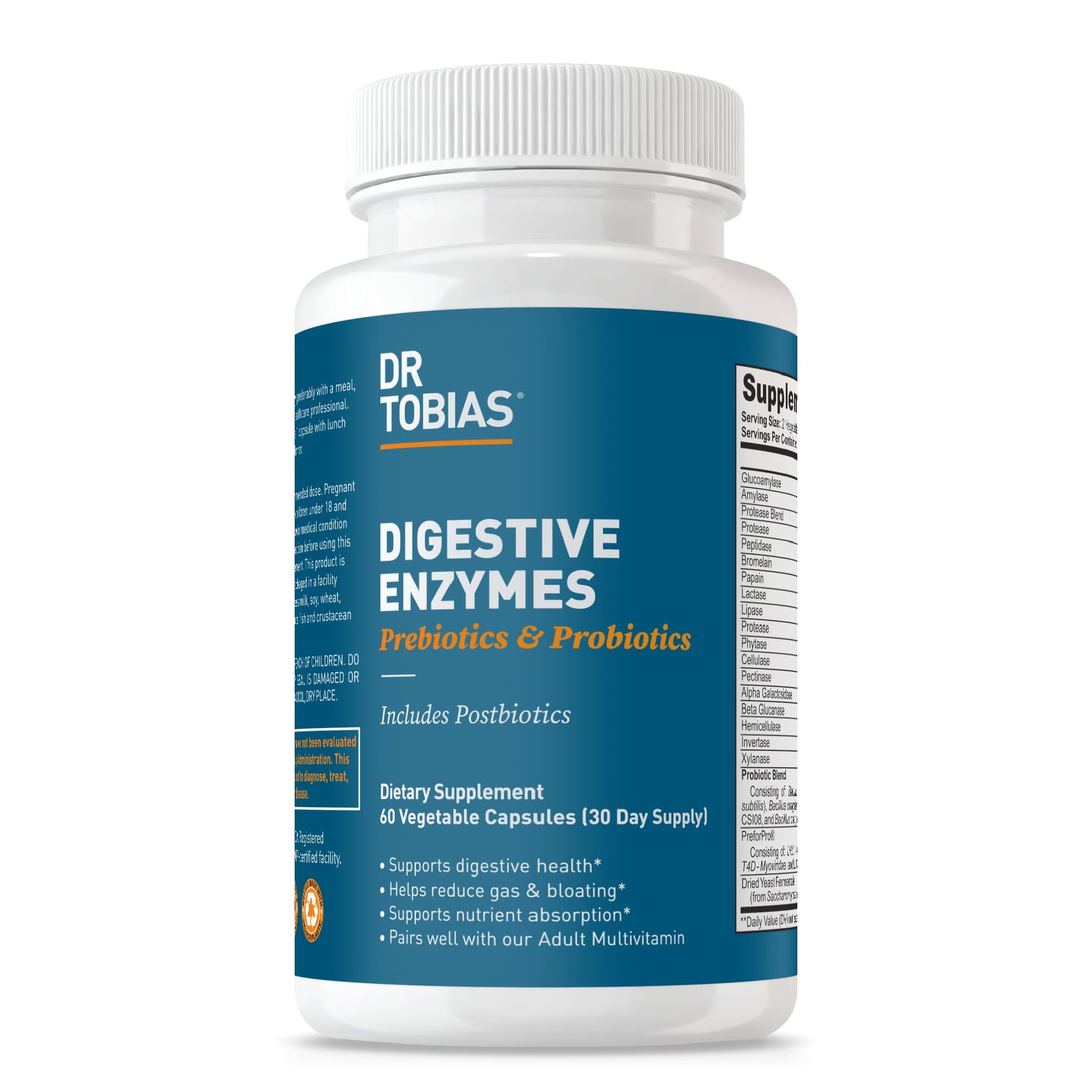 Dr. Tobias Digestive Enzymes with Probiotics, Prebiotics and Postbiotics Bromelain, Amylase, Lipase 60 Capsules