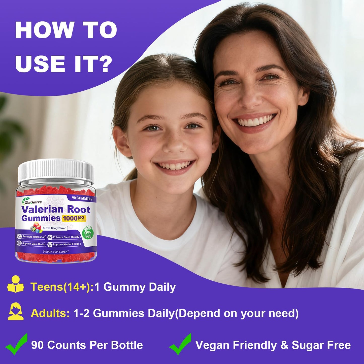 GlaGmrry Valerian Root Gummies with Melatonin & L-Theanine, 90 Gummies