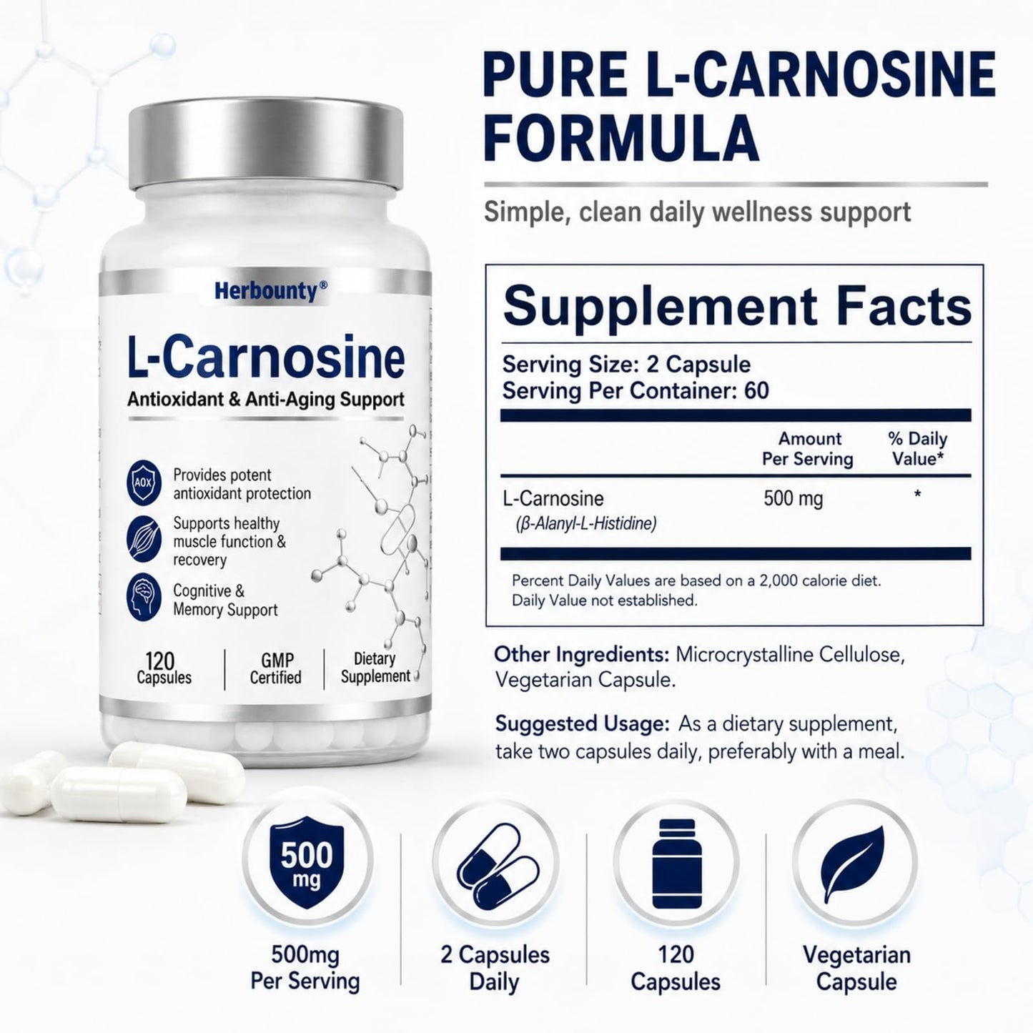 Herbounty L-Carnosine Supplement 500mg Capsule, 120 Capsules