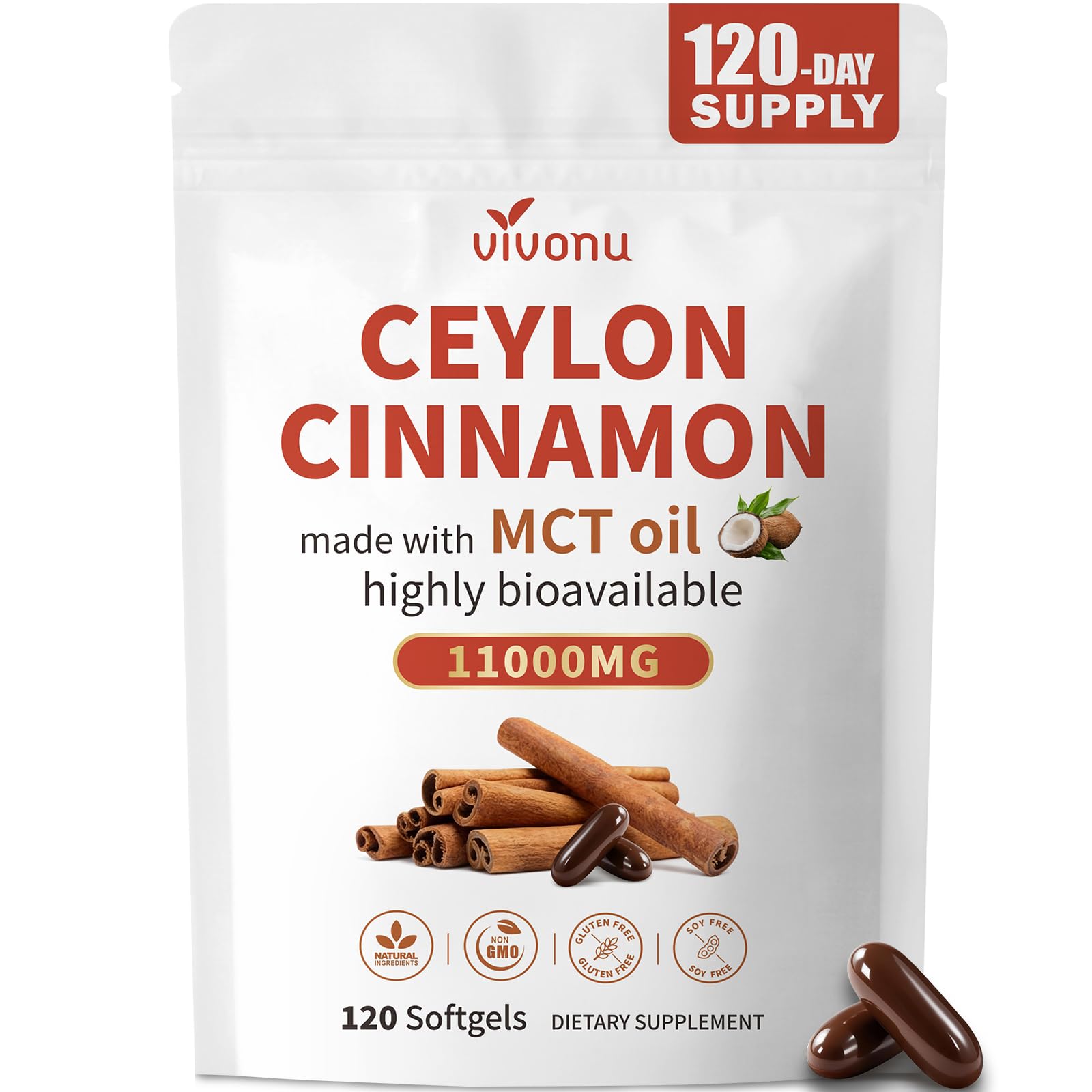 VivoNu 2-in-1 Organic Ceylon Cinnamon with MCT Oil Softgels, 1 Count