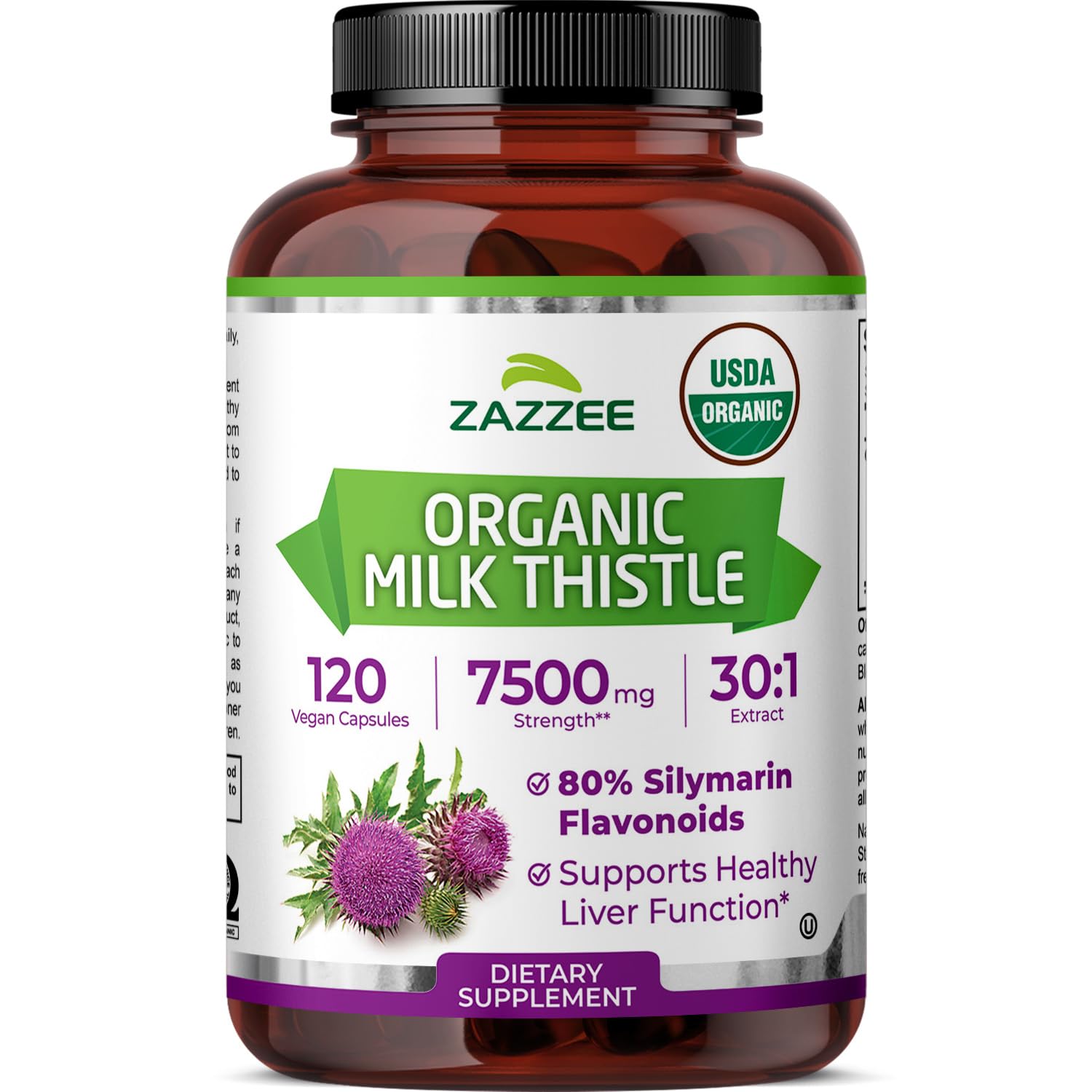 Zazzee Milk Thistle 30:1 Extract 80% Silymarin Capsules 120 Count