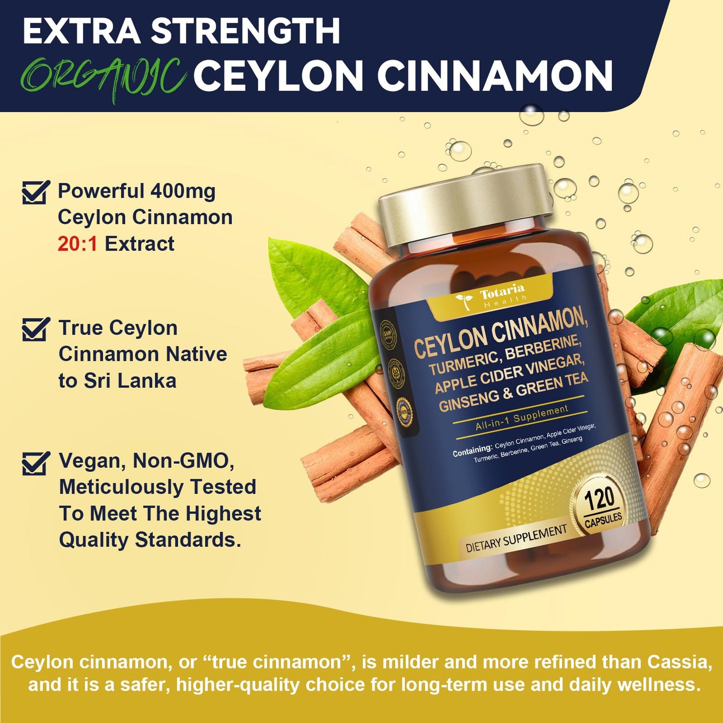 Totaria 18-in-1 Organic Ceylon Cinnamon Capsules with Berberine, 120 Capsules