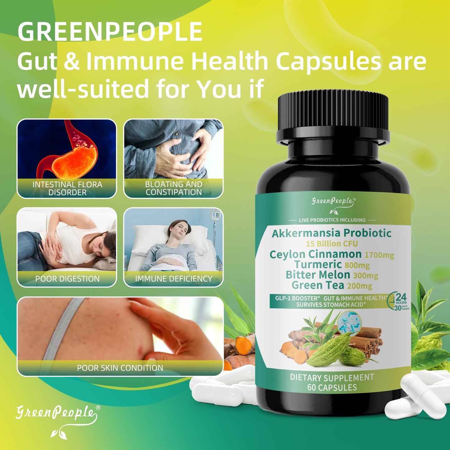 GREENPEOPLE Akkermansia Probiotics 15B CFU for Gut Function with Ceylon Cinnamon, Turmeric Capsules 120