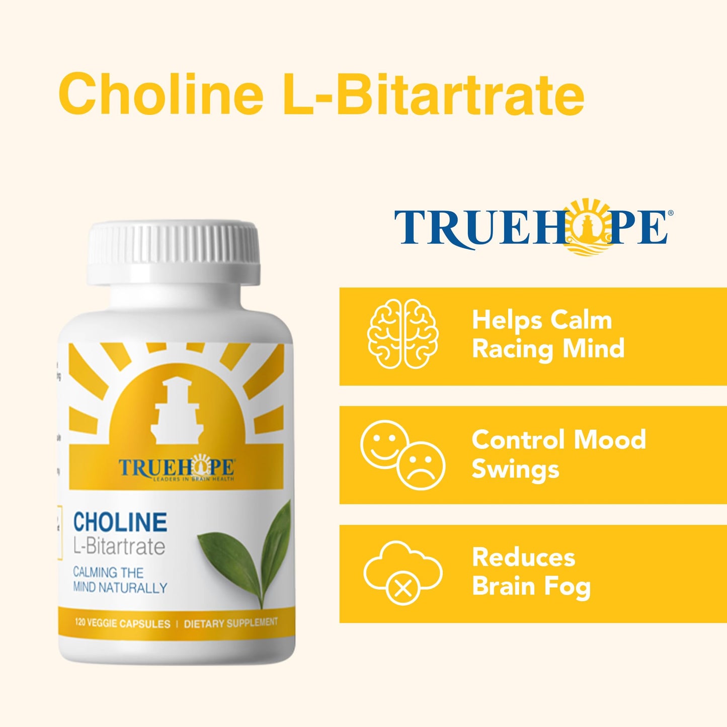 Truehope Choline L-Bitartrate Brain & Liver Support Supplement – High Absorption from Natural Bitartrate Form | Cognitive Function & Memory, Capsules 120