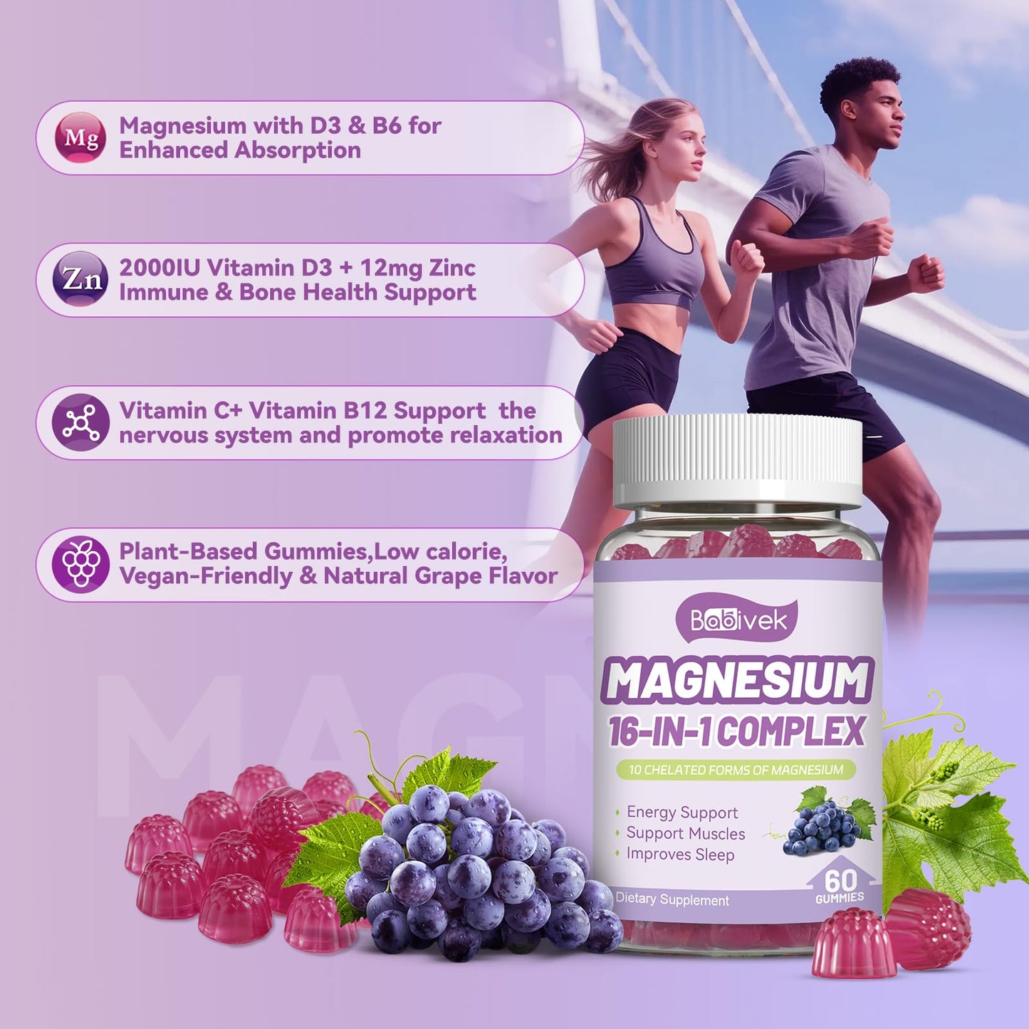 Babivek Magnesium Gummies with Vitamin D3, C, B6, B12 & Zinc, 60 Gummies