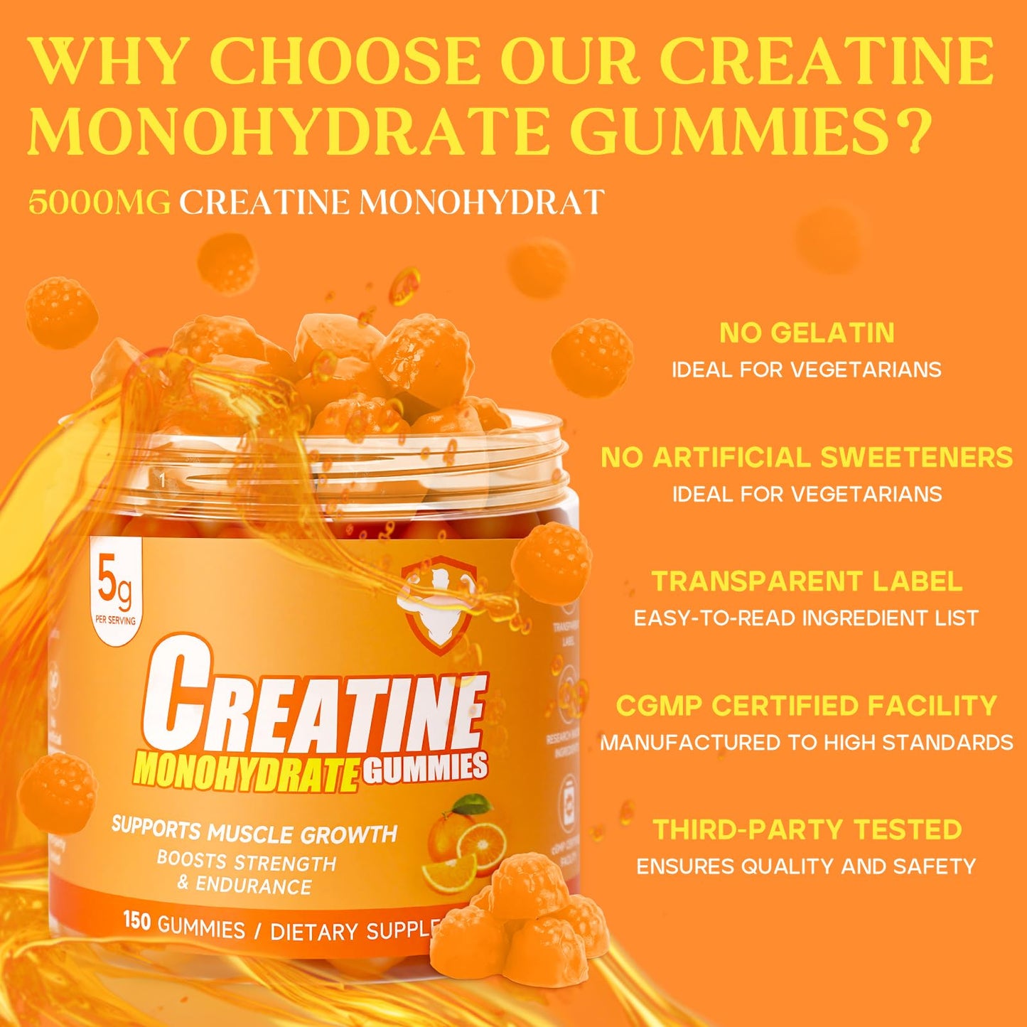 Bruce & Shark Orange Creatine Monohydrate Gummies, 150 Count