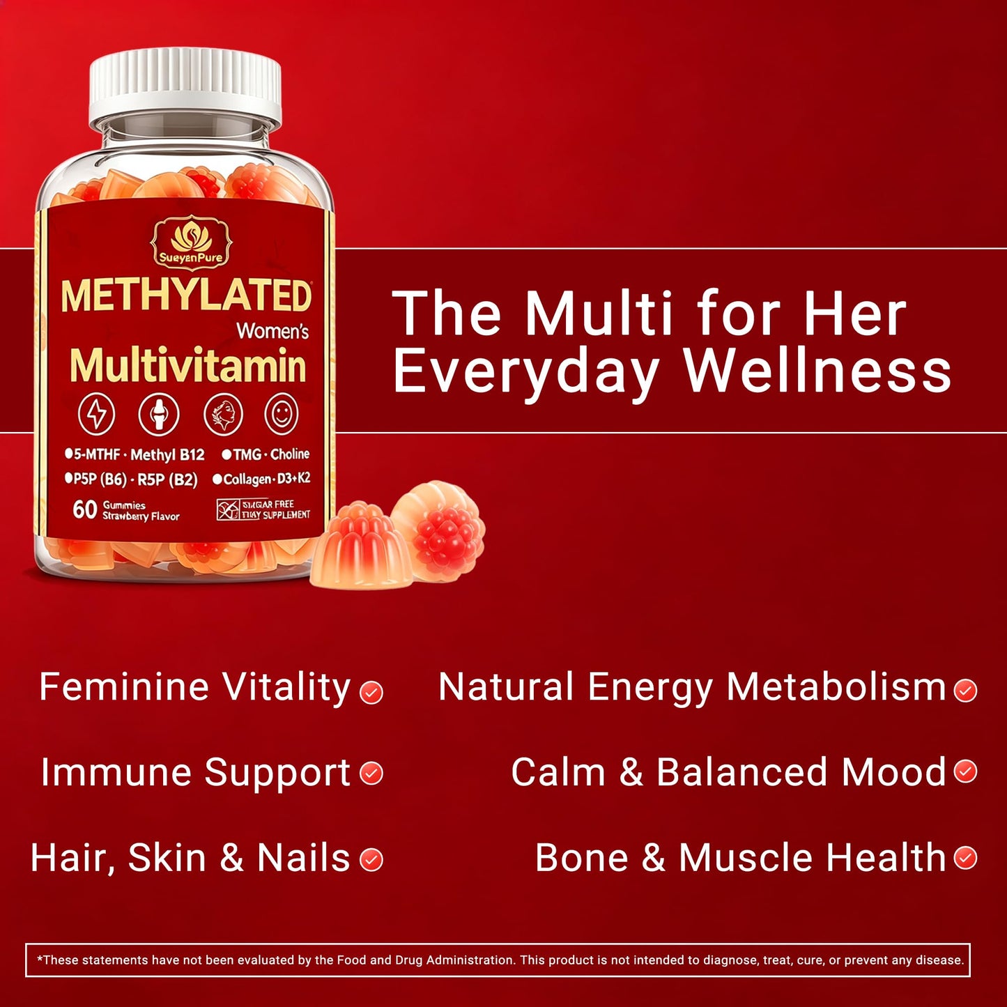 SueyanPure Methylated Women's Multivitamin Gummies, 60 Count
