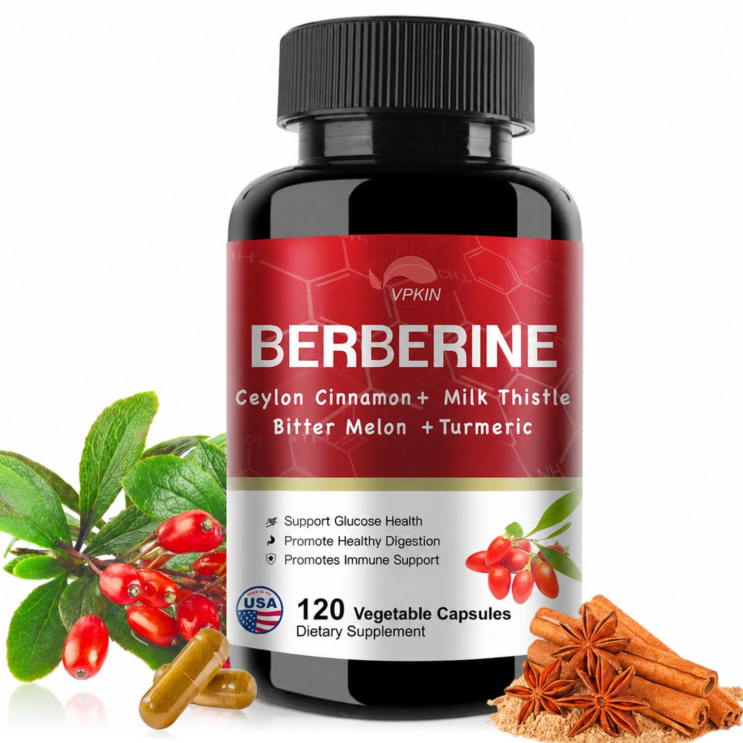 VPKIN Berberine Supplement Capsule 120 Count