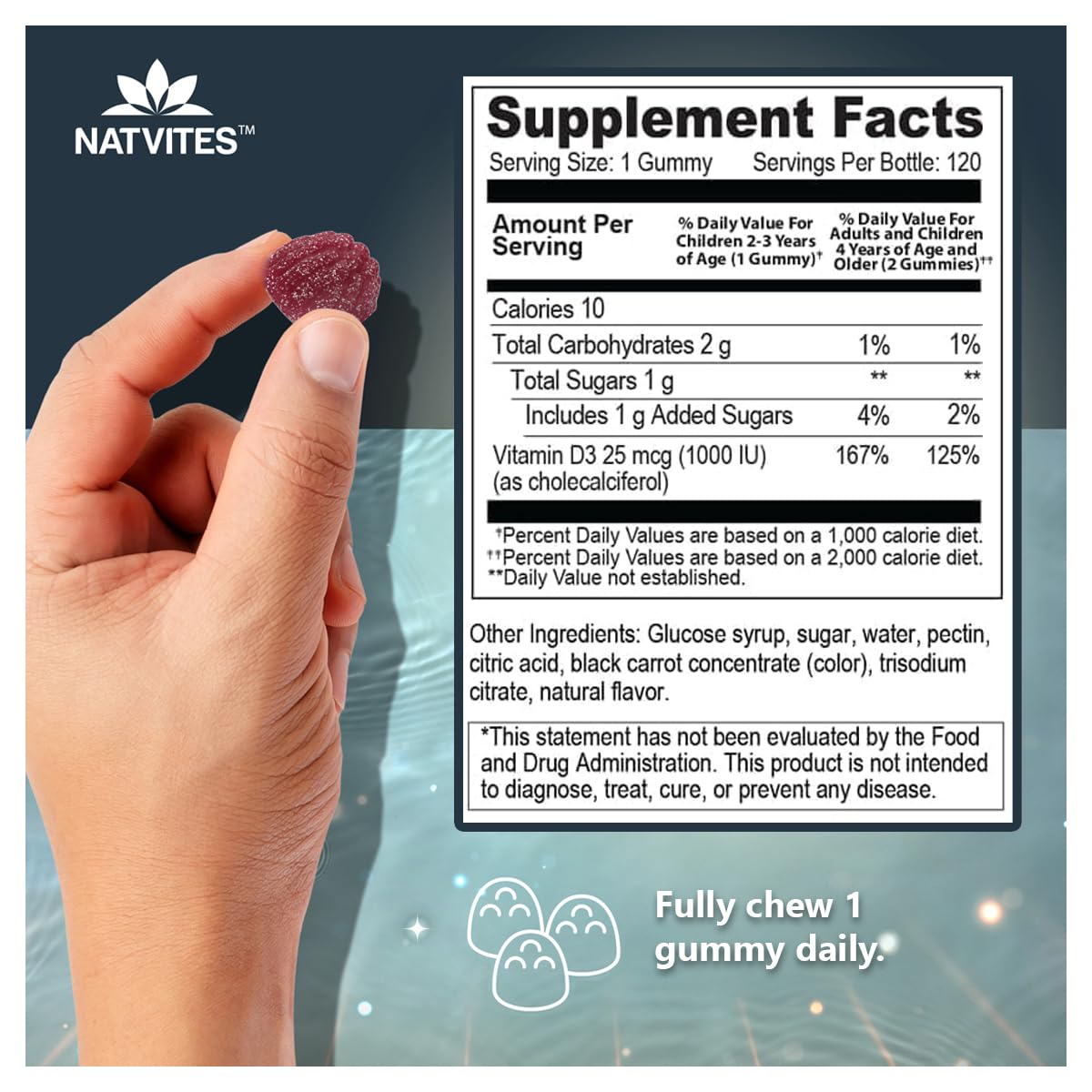 Natvites Vitamin D3 Gummies for Kids - 1000 IU - Pectin Gummy - Strawberry Flavored - 120 Count