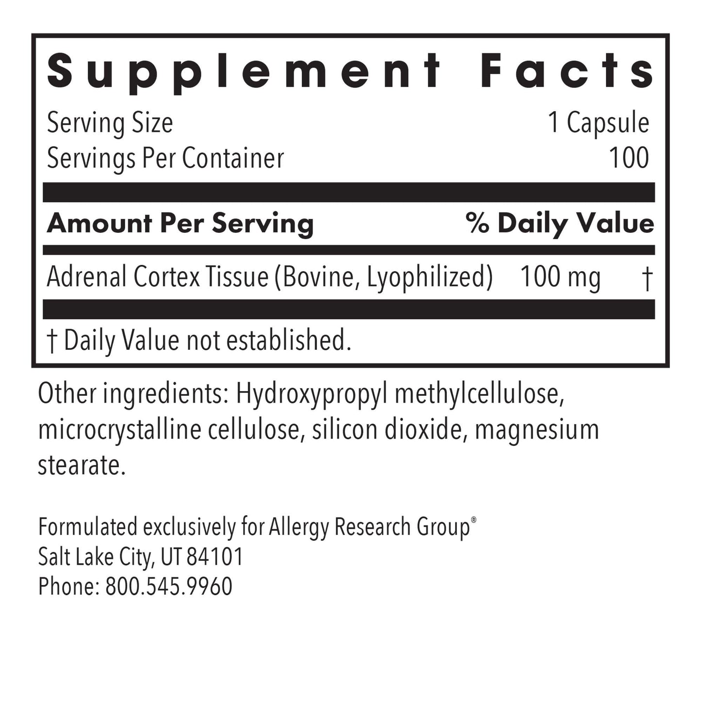 Allergy Research Group Adrenal Cortex Capsules 100