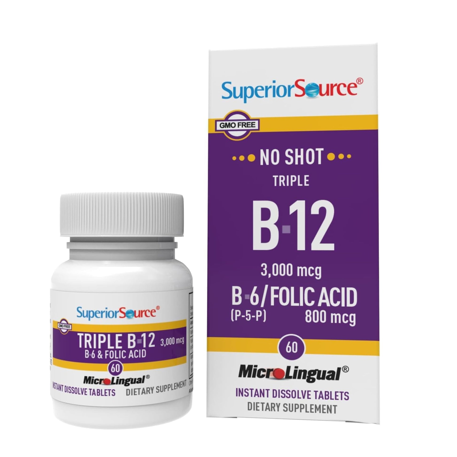 Superior Source NO Shot Triple B-12 3,000 mcg B-6 Folic Acid 800 mcg Instant Dissolve Tablets, 60 Tablets