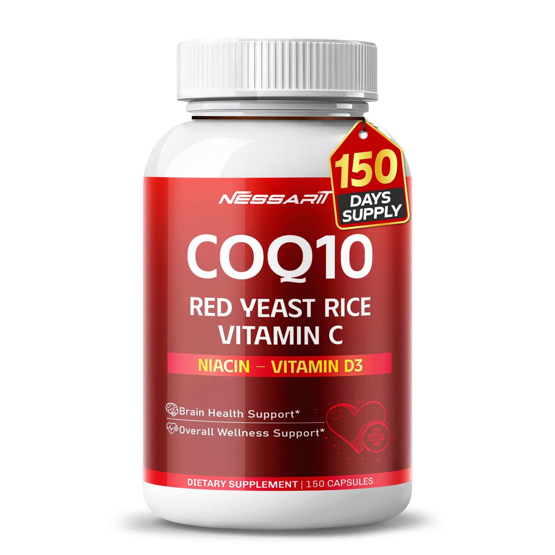 NESSARIT COQ10 + Red Yeast Rice Supplement - 10-in-1 Natural Blend with Omega 3 Vitamin B3, K2, D3, Zinc Milk Thistle Black Pepper Capsules 150 Count