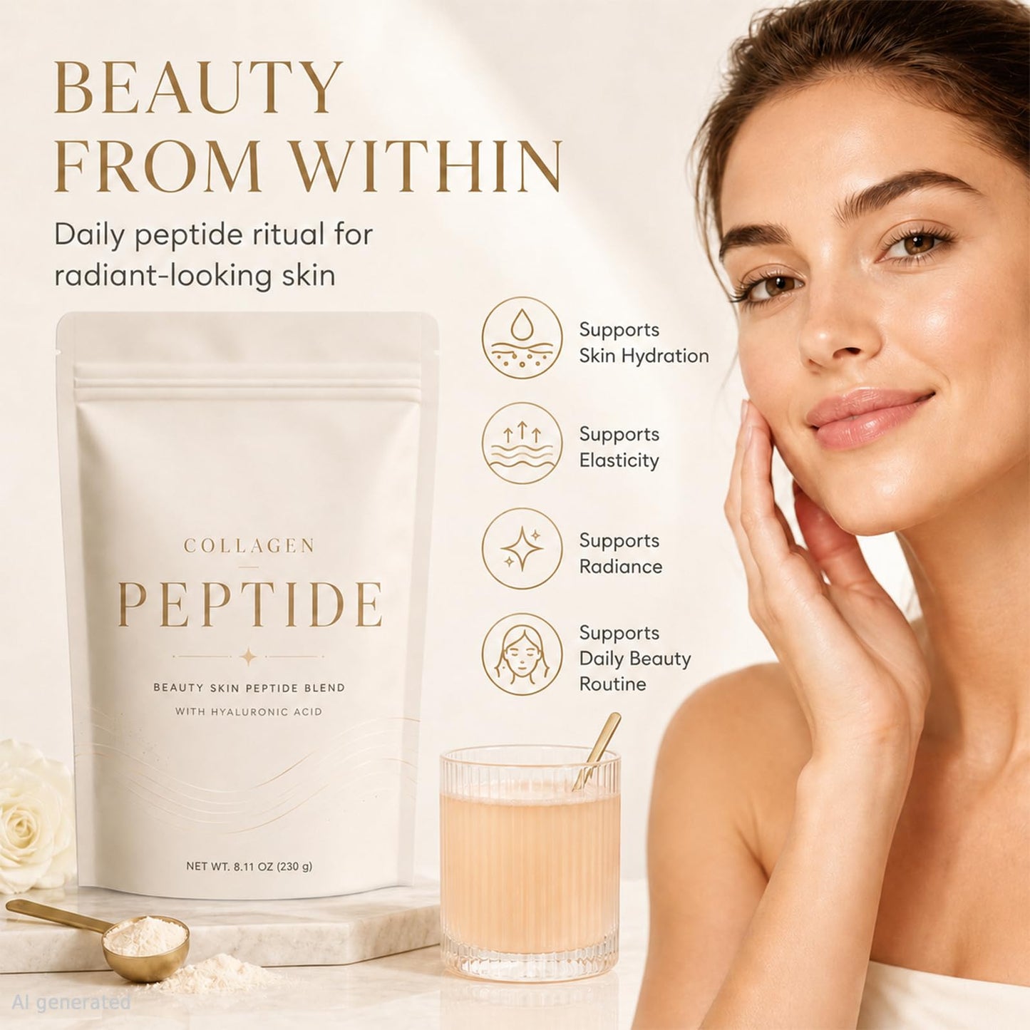 Generic Collagen Peptide with Hyaluronic Acid Beauty Skin Peptide Blend Powder 7.9 Ounce