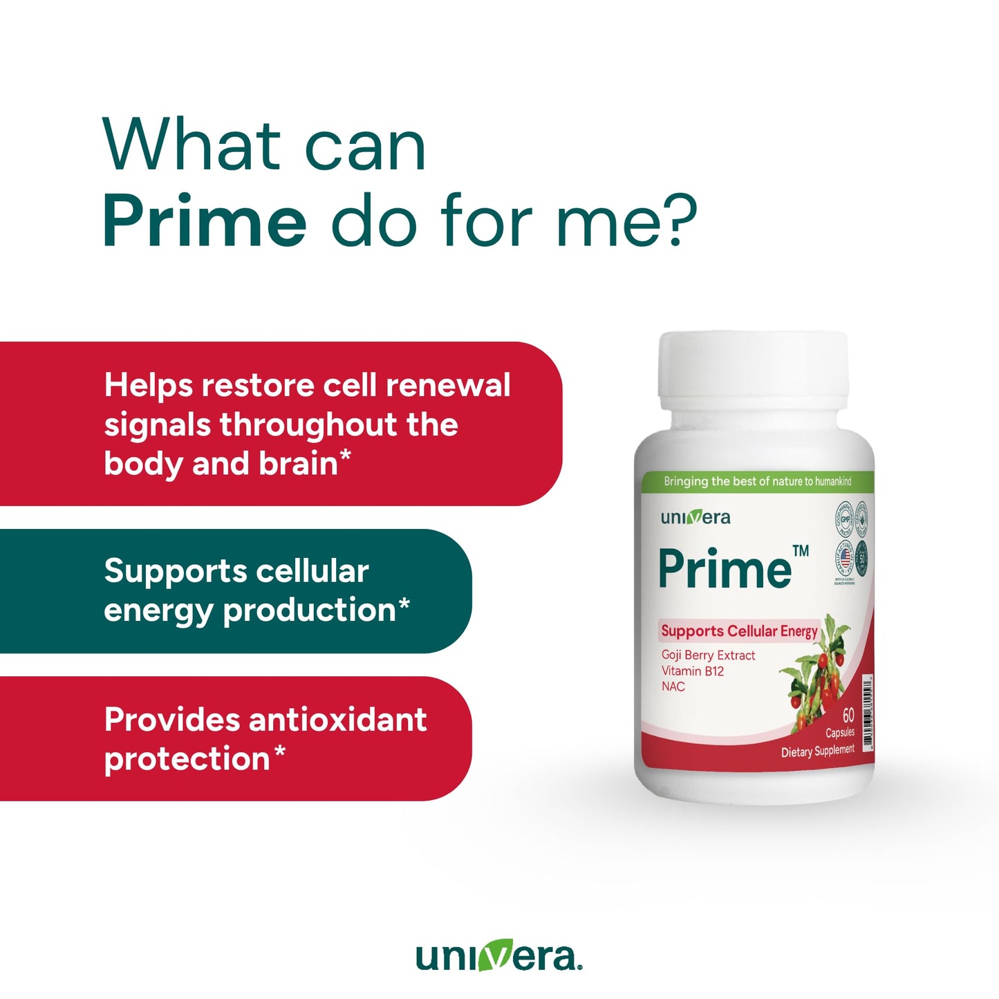 Univera Prime Cellular Energy Support Supplement – Vitamin B Complex, NAC, Goji Berry Extract, Antioxidant Support Capsule, 60 Capsules