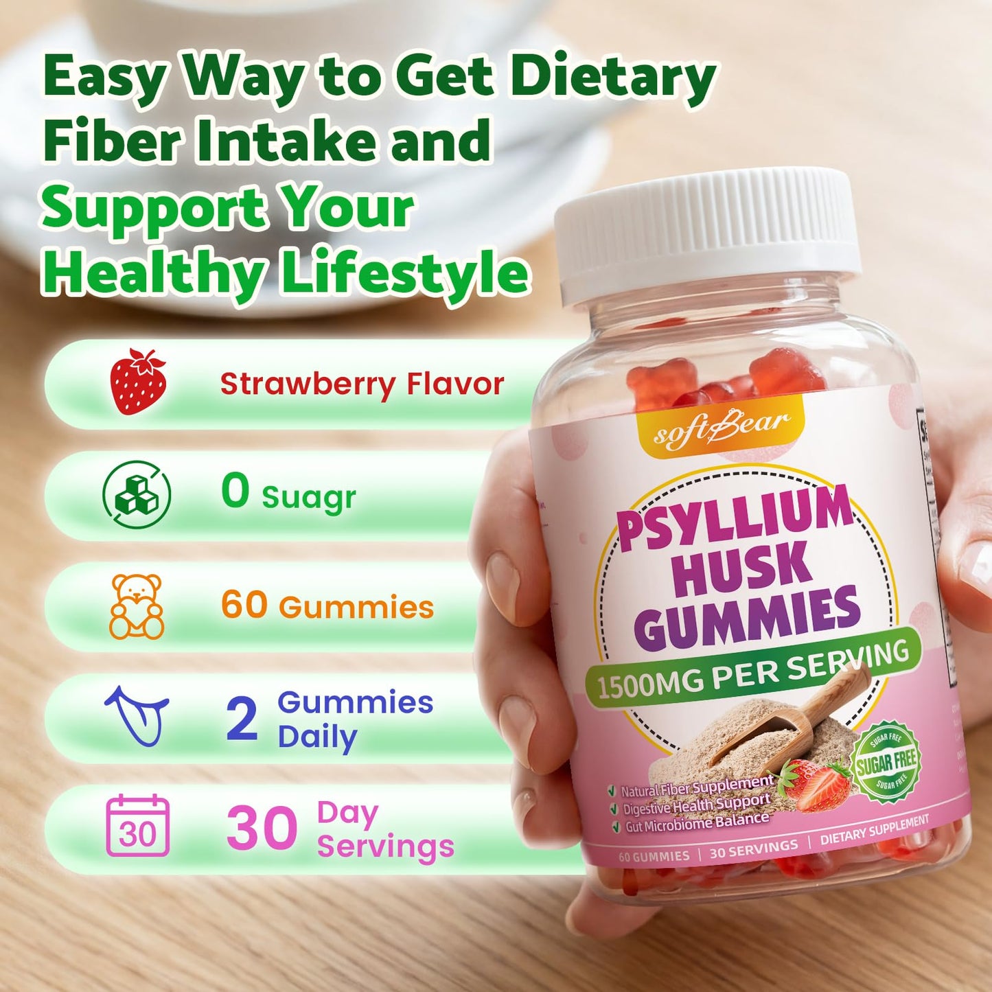 softbear Psyllium Husk Gummies 1500mg, Strawberry Flavor, 120 Count