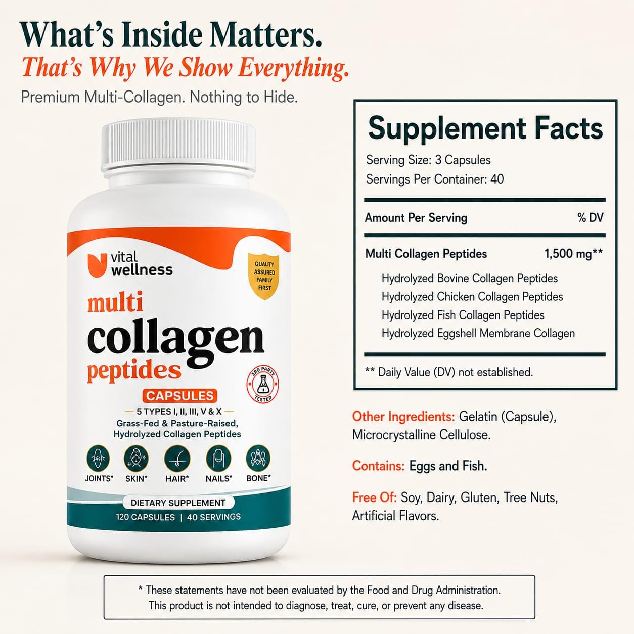 Vital Wellness Multi Collagen Peptides Capsules 1500mg, 120 Capsules