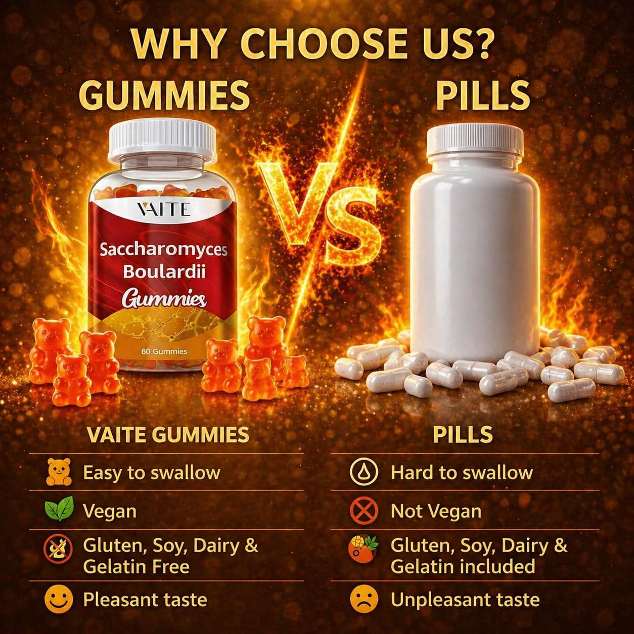 VAITE Saccharomyces boulardii Probiotics 500mg Gummies, 60 Count
