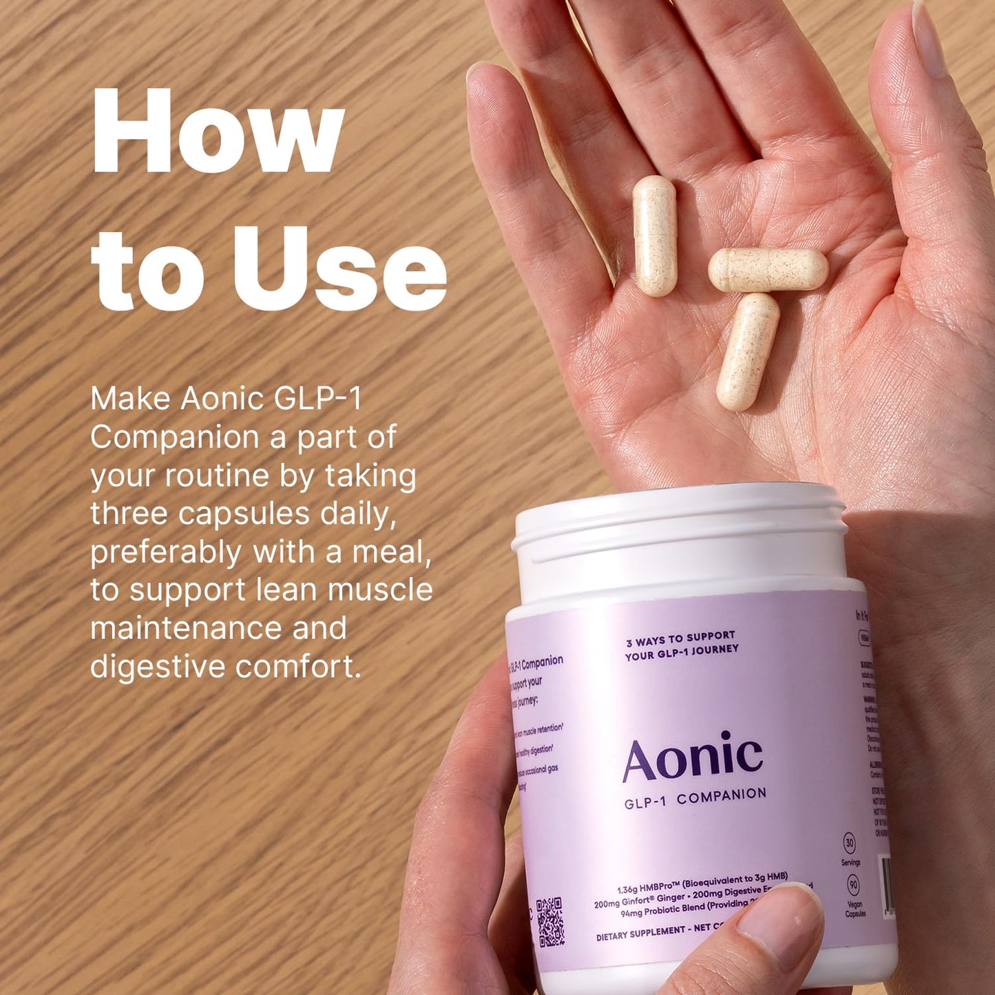 AONIC GLP-1 Companion Supplement HMBPro™ to Support Maintenance of Lean Muscle, Probiotic and Enzyme Blend to Support Digestion, Ginger Extract to Help Reduce Nausea and Bloating, 90 CAPSULES