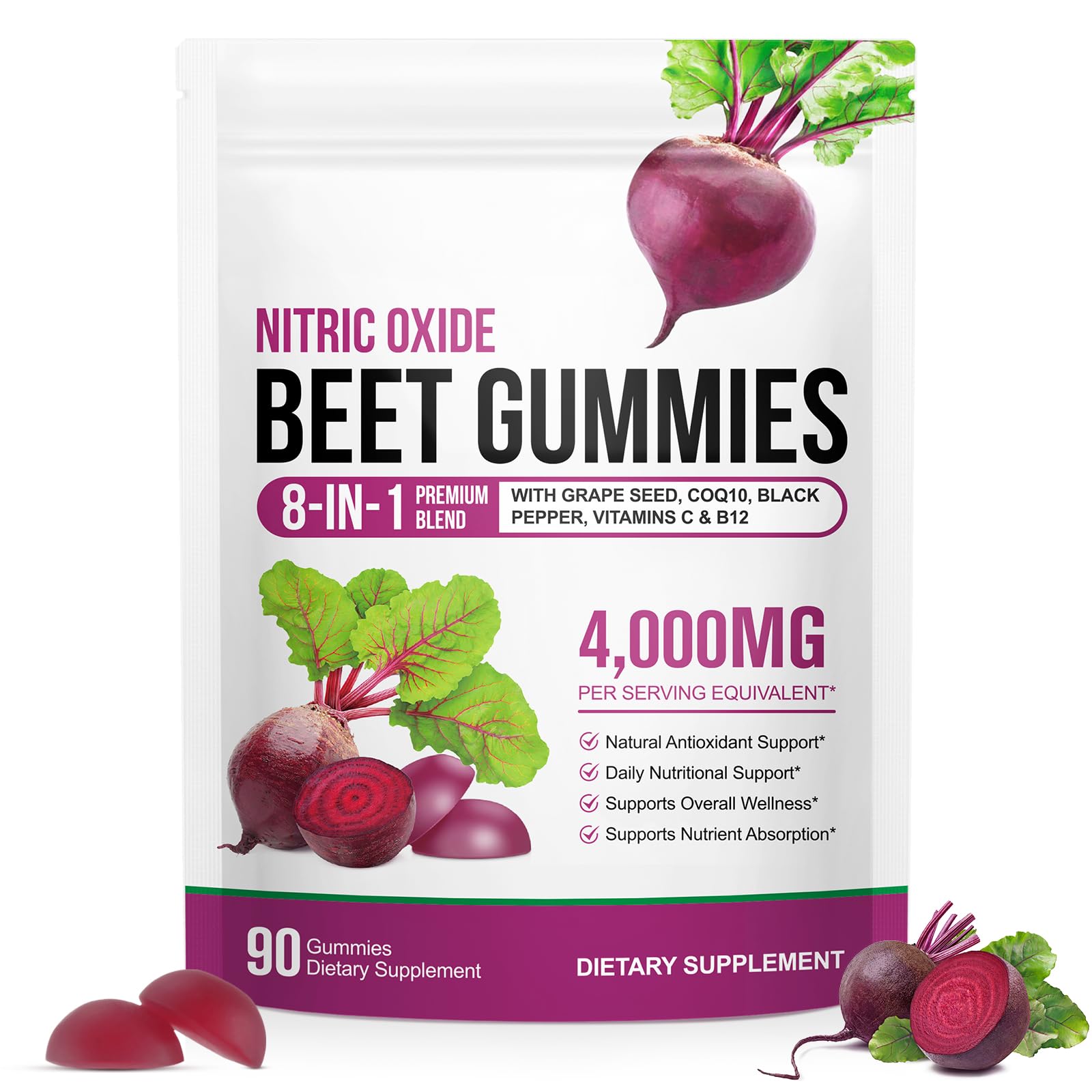 DLOMFVFQ Beet Root Gummies with Beetroot Powder, CoQ10, B Vitamins & Grapeseed Extract for Blood Pressure Support, Blood Flow & Energy, Heart Health, Promoting Nitric Oxide, 90 Soft Chews