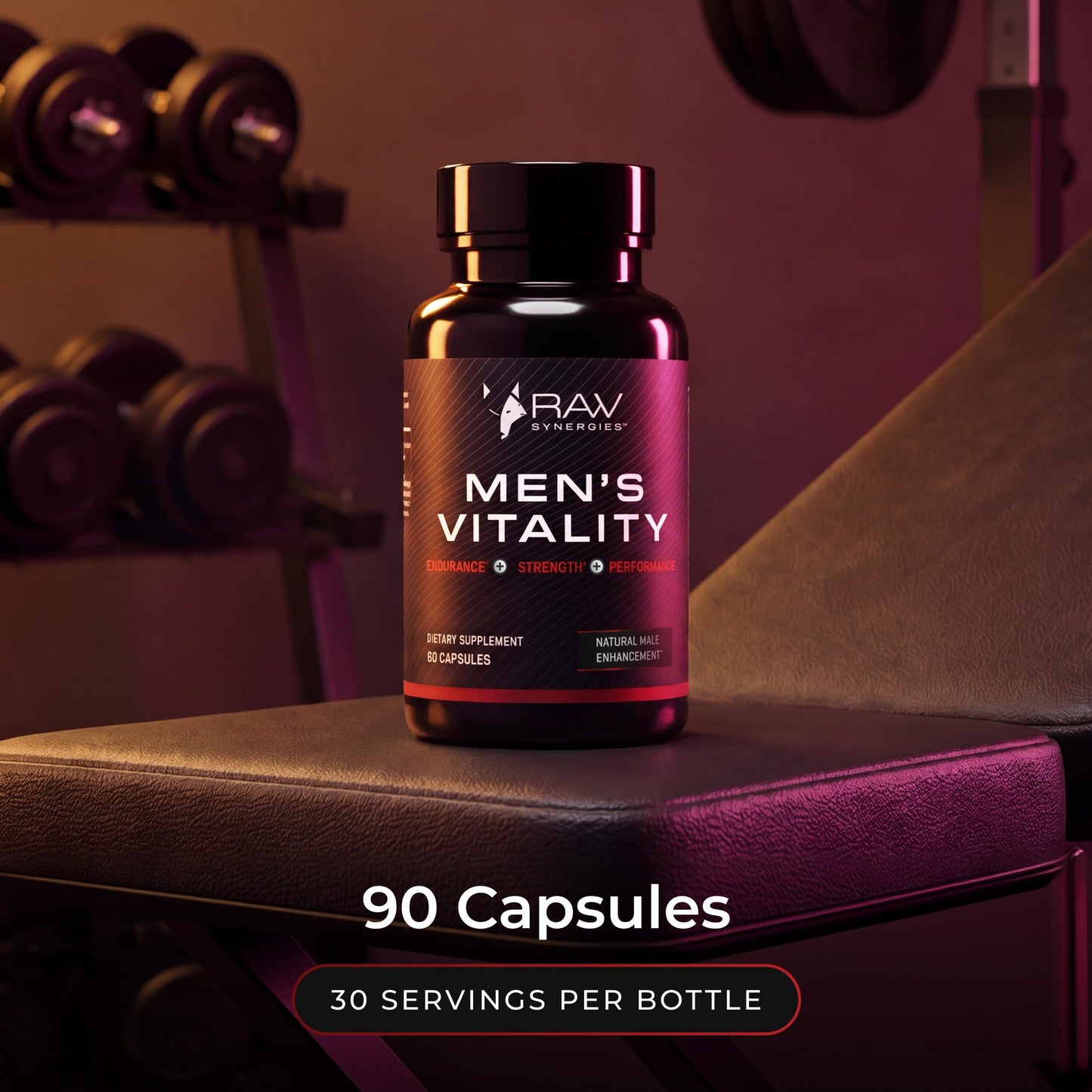 RAW Synergies Men’s Vitality L-Arginine & Cordyceps for Strength, Heart & Focus – Performance Support Supplement, 90 Capsules