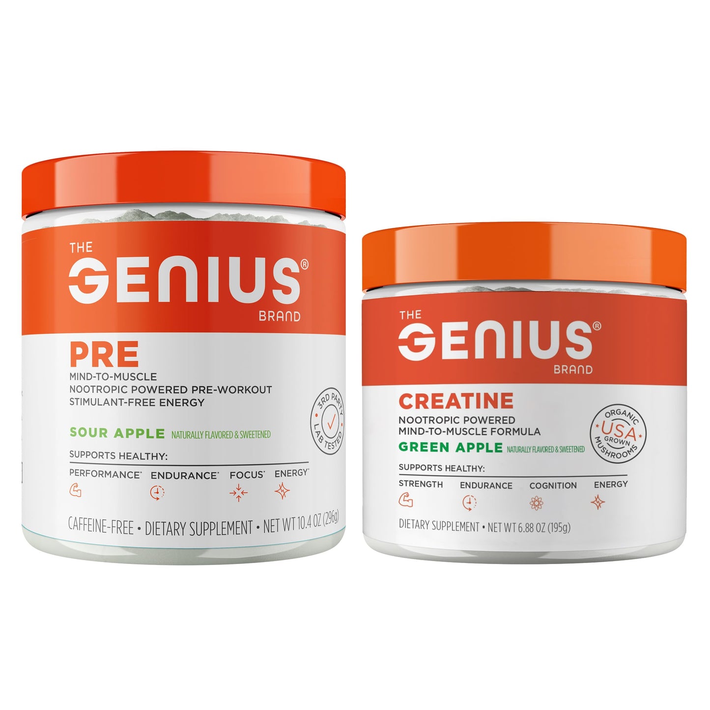 The Genius Brand Genius Pre Workout Powder Sour Apple + Genius Micronized Creatine Post Workout Powder, Powder, 17.28