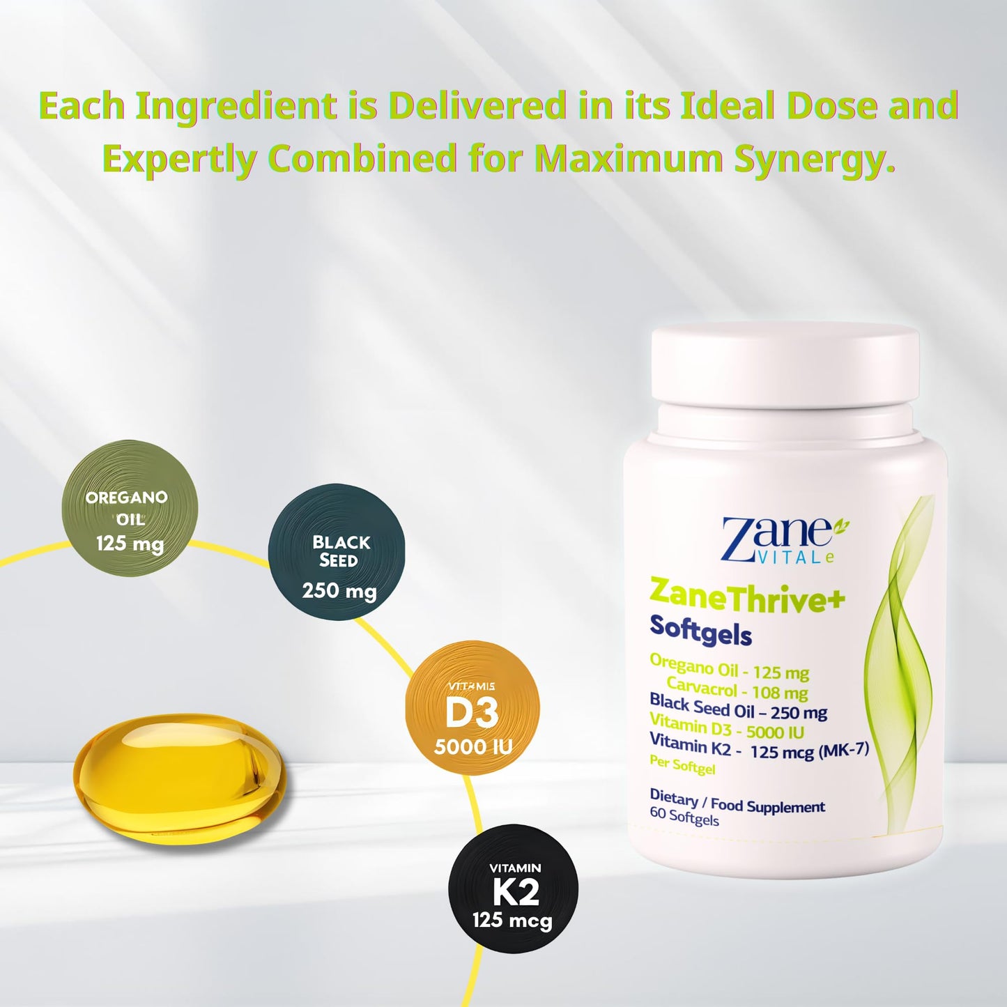 Zane VITALe Vitamin D3 & K2, Oregano Oil, Black Seed Oil Supplement 60 Softgels