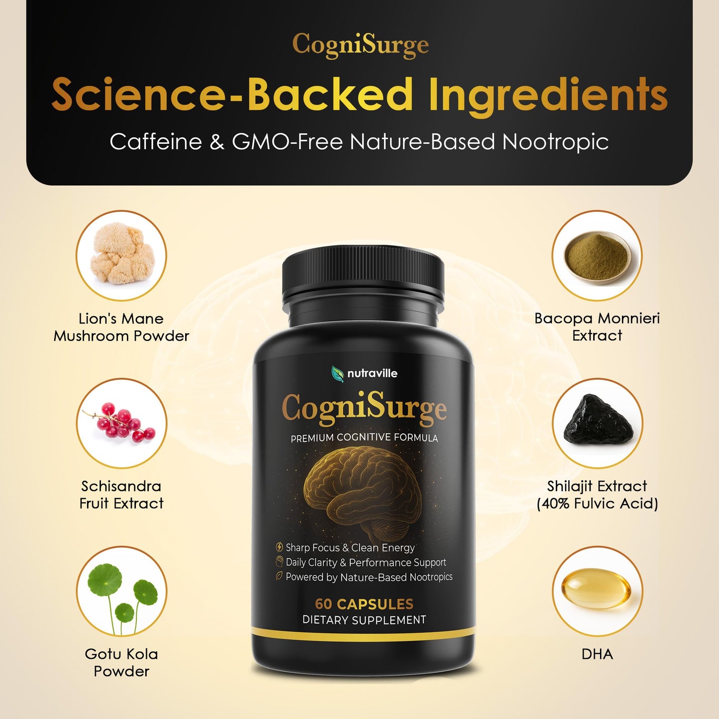 Nutraville CogniSurge Nootropics Brain Support Supplement with Lion's Mane and Shilajit, 180 Capsules