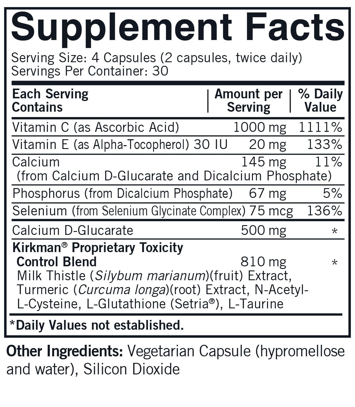 Kirkman Toxicity Control Detox Supplement with Setria L-Glutathione Capsules 120