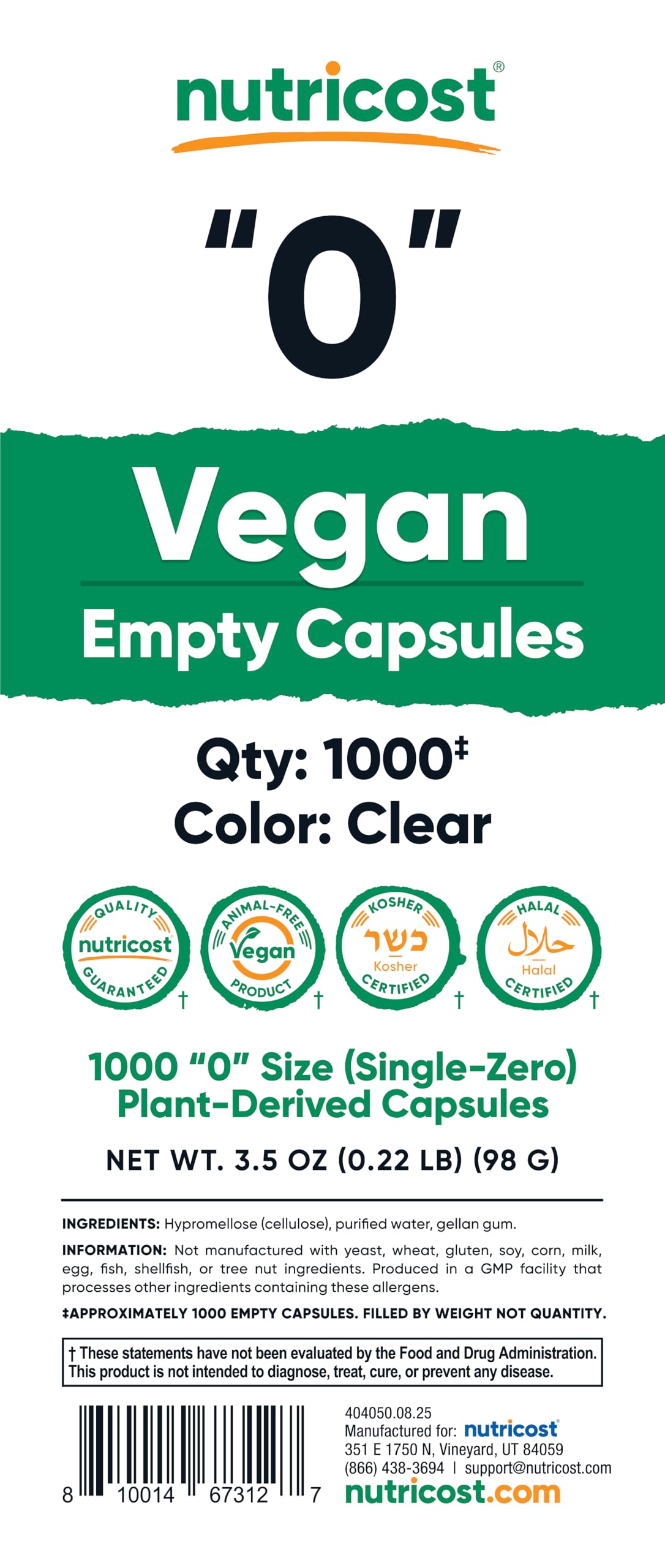 Nutricost Empty Capsules Size 0 Vegan, 1000 Count Capsules