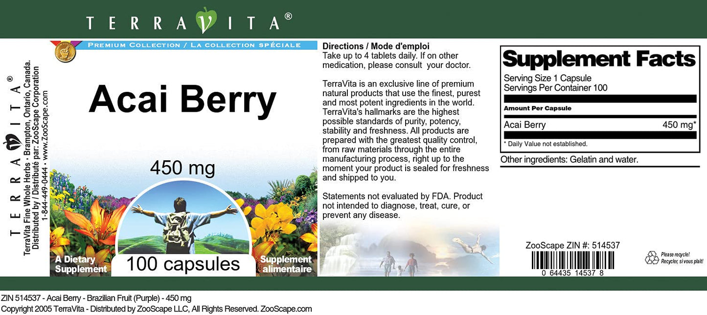 Terravita Acai Berry - Brazilian Fruit (Purple) - 450 mg Capsule, 100 Count