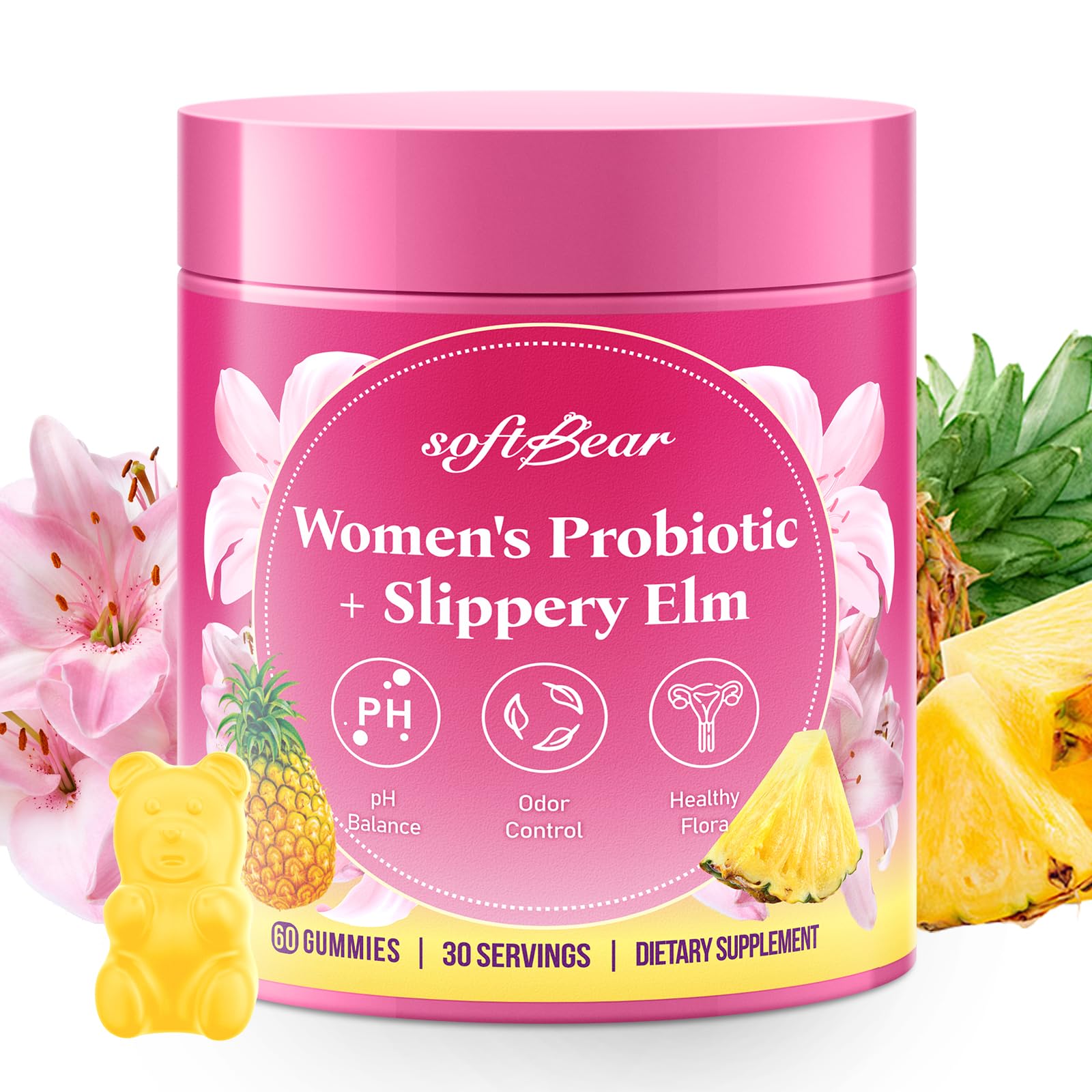 softbear Women's Probiotic Slippery Elm Gummies Pineapple Flavor, 60 Count