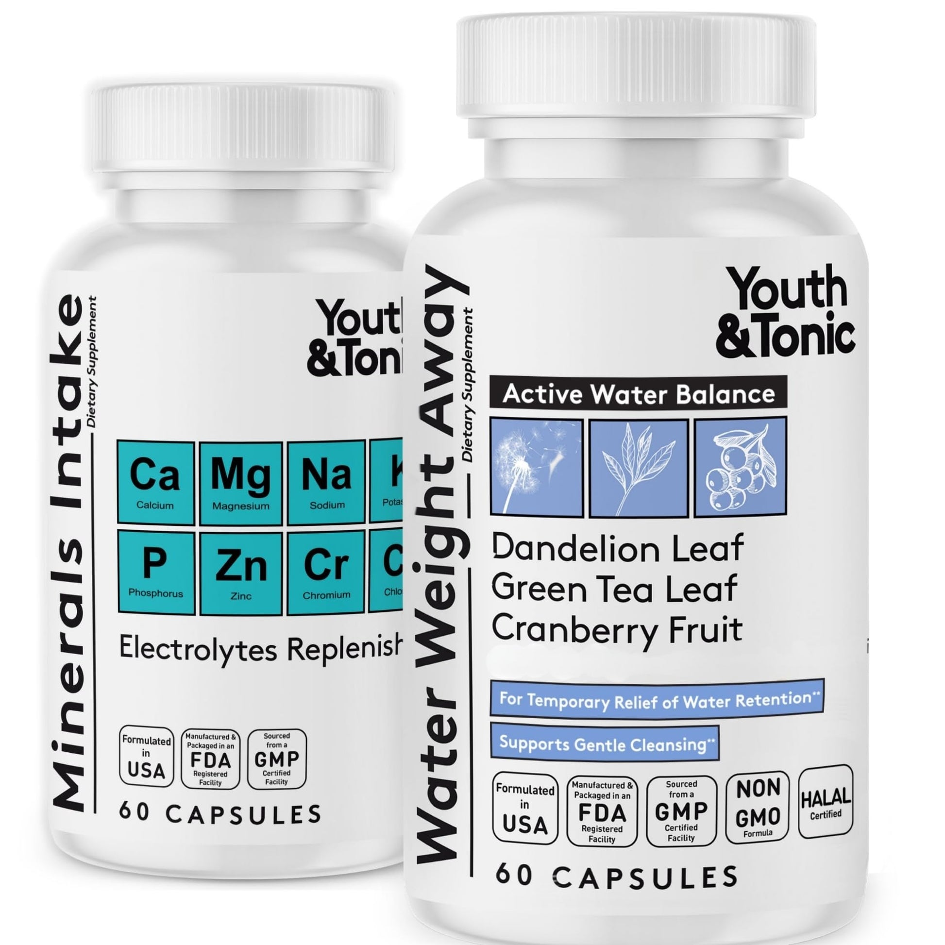 Youth & Tonic Water Pills for Water Retention – Swelling Support for Legs & Feet – Diuretic with Electrolytes, 120 Capsules