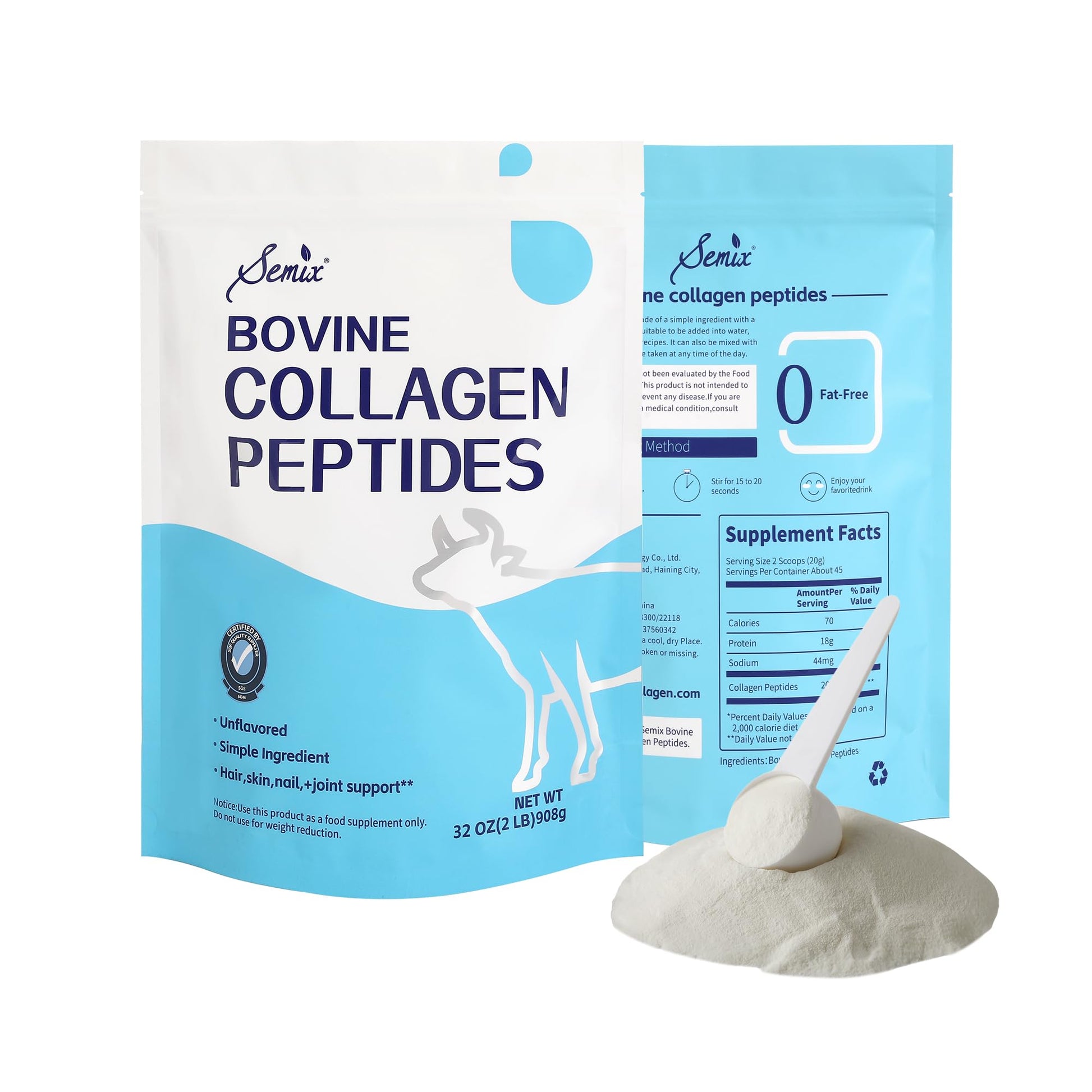 Semix Collagen Peptides Powder, Type I & III Hydrolyzed Bovine Collagen Protein, Unflavored, 16 oz