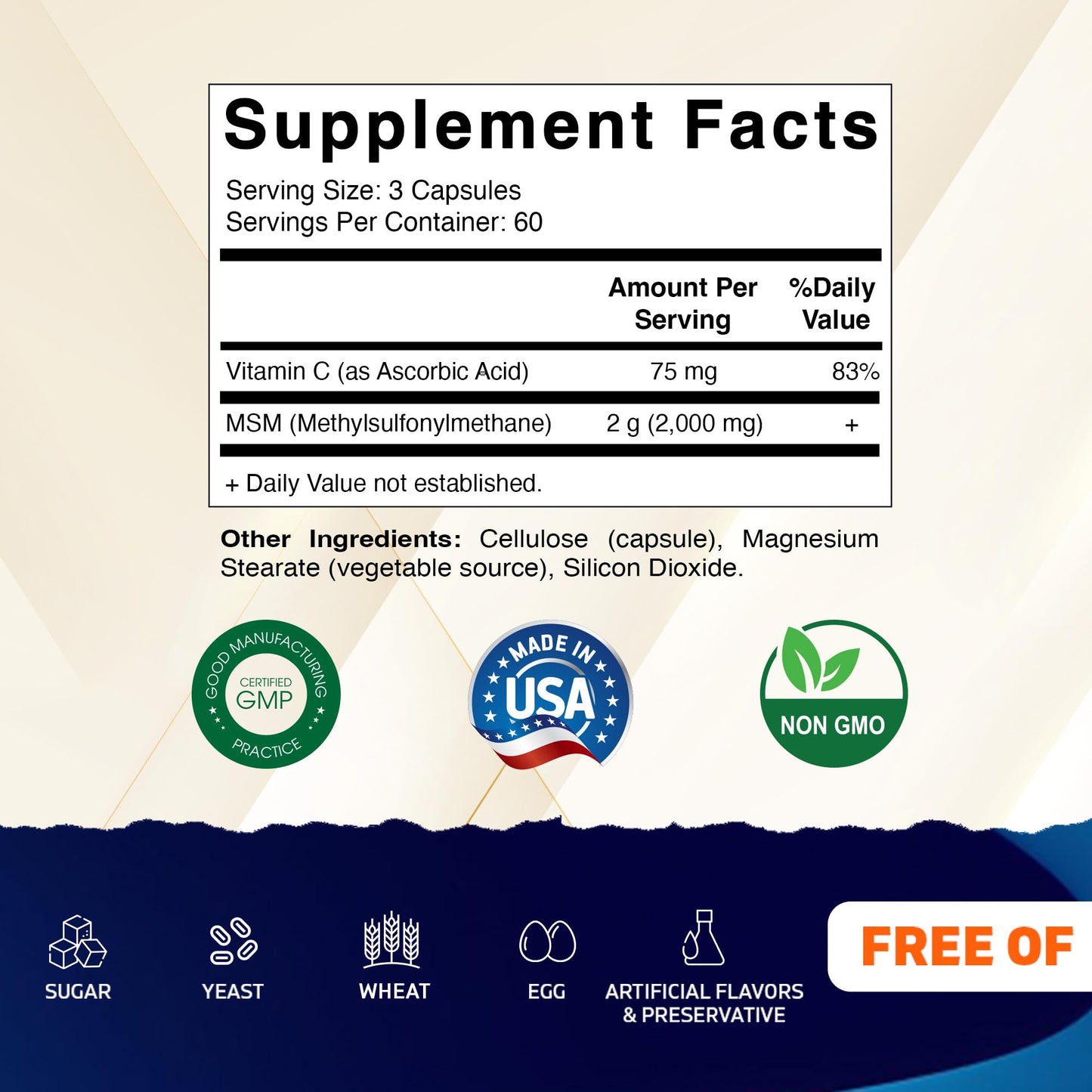 Vitamatic MSM 2000 mg with Vitamin C 75 mg per Serving Veg Capsules, 180 Count