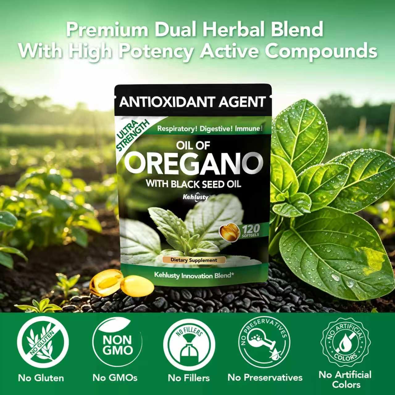 KEHLUSTY Oil of Oregano with Black Seed Oil Softgels, Organic, 4X Strength Carvacrol and Thymoquinone, Immune Support, Digestive Health, Respiratory Wellness, Non GMO, 120 Count