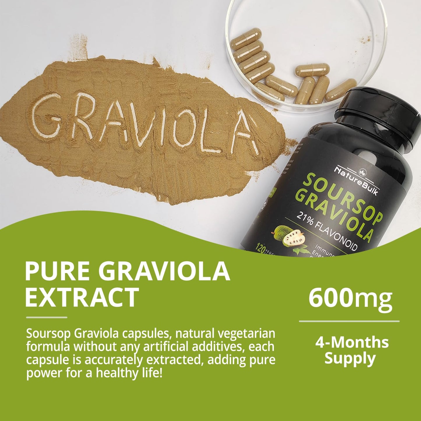 NATUREBULK Graviola Capsule Pure Leaf Extract 600mg, 120 Count