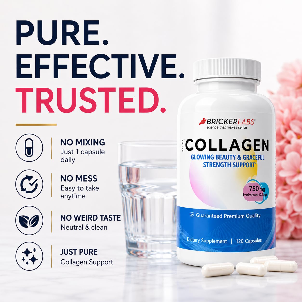 Bricker Labs Collagen for Men & Women - Type I, III Hydrolized Collagen Supplement 750mg Capsule 120 Servings