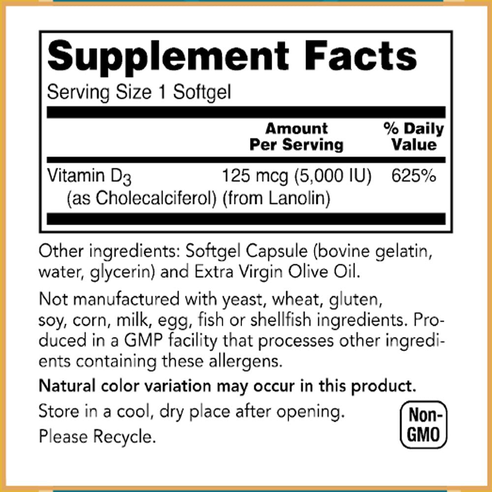 Baar Vitamin D-3 Softgels, 5000 IU, 120 Softgels