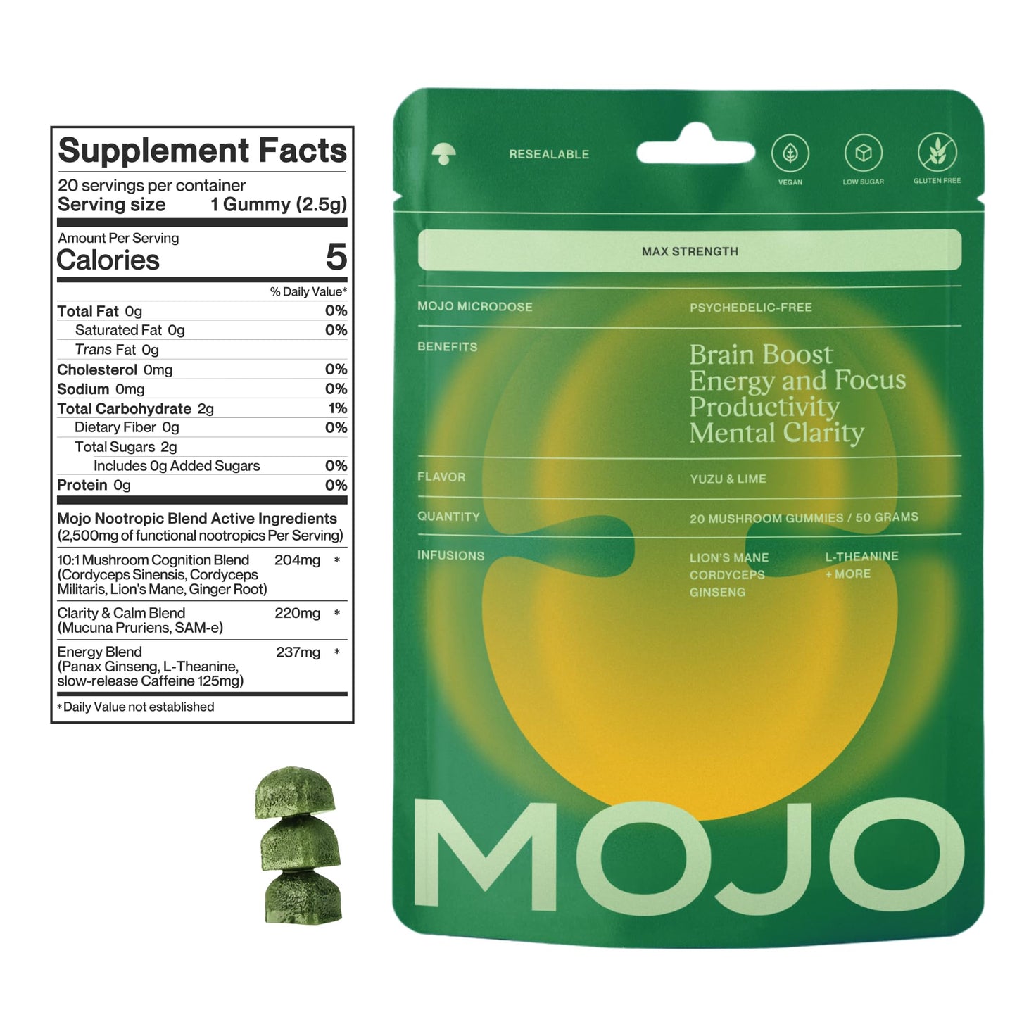 Mojo Focus Gummies Extra Strength with Lion's Mane Mushroom, Cordyceps & Panax Ginseng, Brain Supplement for Adults, Memory & Energy Support, Mental Clarity, Vegan Yuzu Lime, 1 Pack