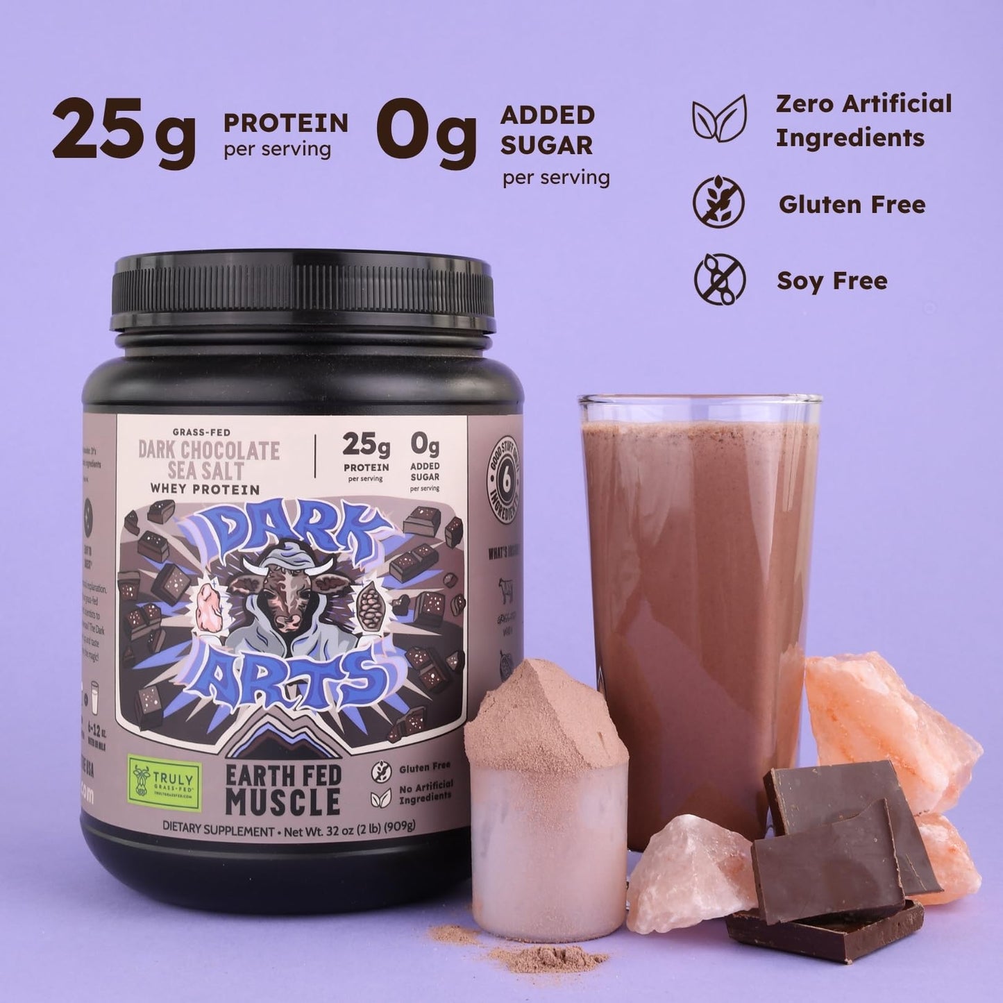 Earth Fed Muscle Dark Arts Salted Dark Chocolate Whey Protein Isolate Protein Powder, 32 Servings