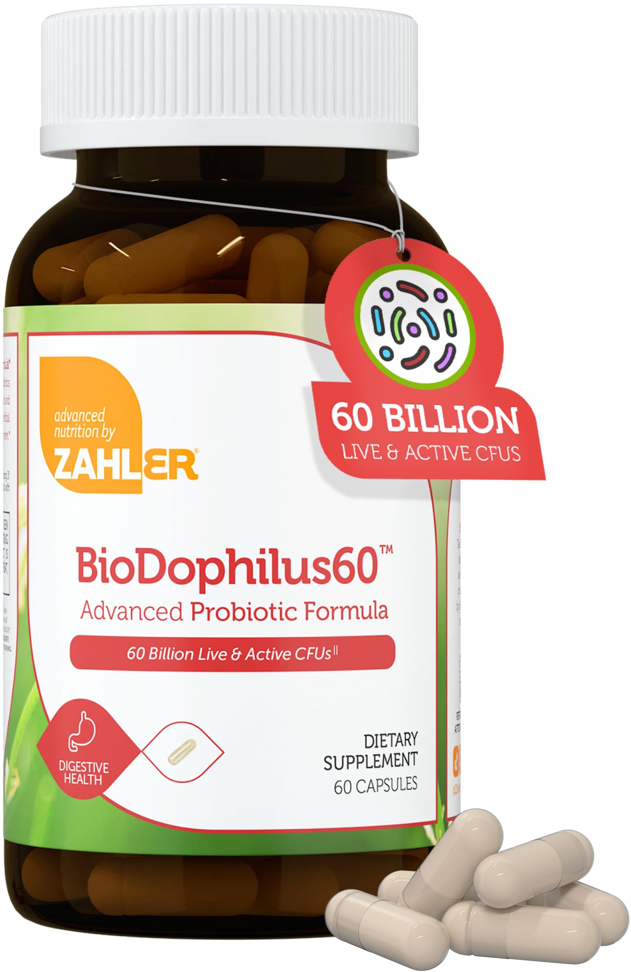Zahler BioDophilus60 60 Billion CFU Probiotic + Prebiotic - 11 Strains Daily Probiotic Supplement - Kosher Probiotics for Women for Digestive Health, Probiotics for Men for Gut Health, 60 Capsules