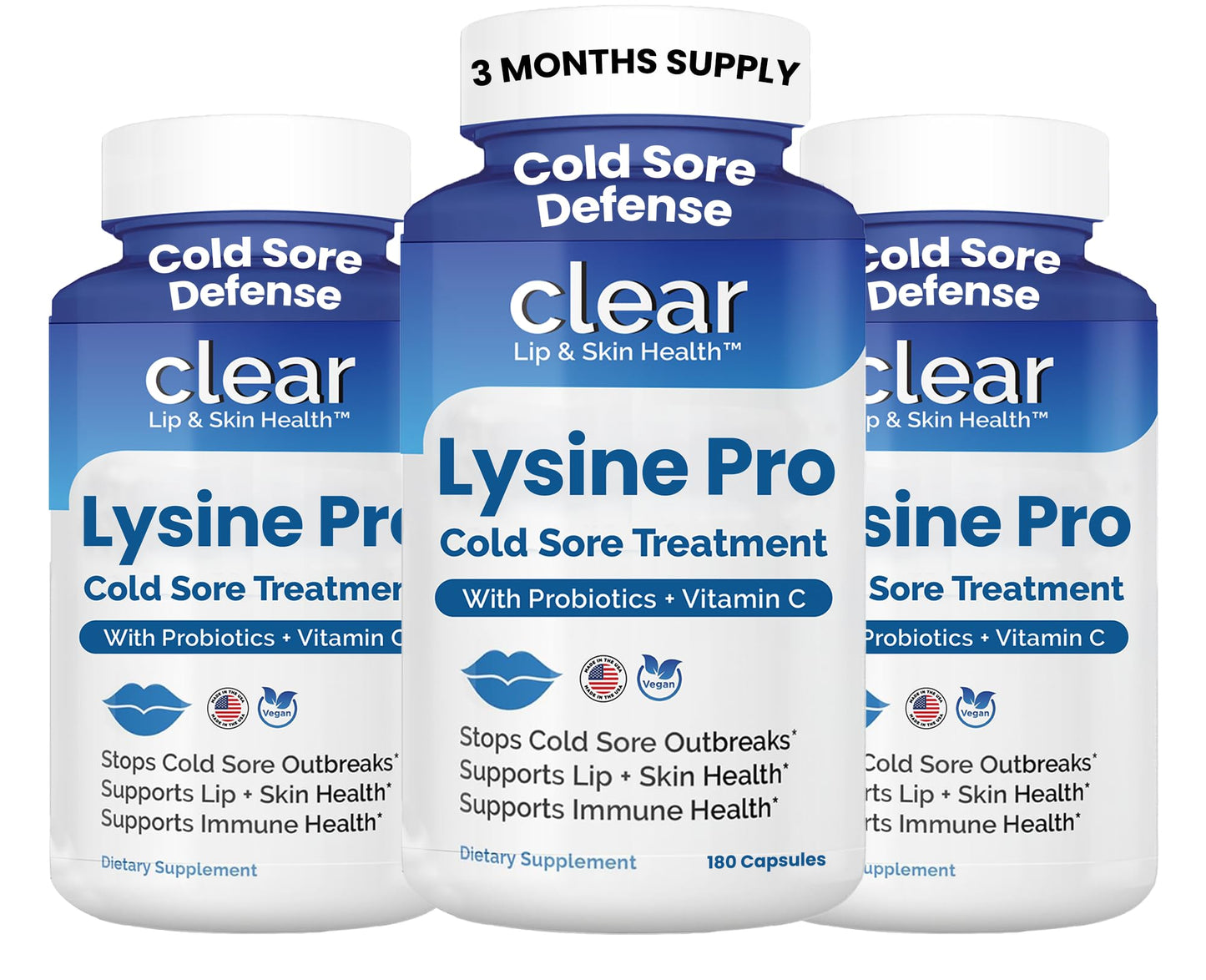 Clear Probiotics Lysine Cold Sore Treatment for Lips with Pre-Probiotics & Vitamin C 180 Capsules