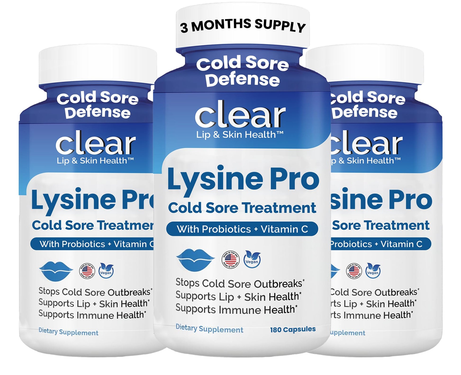 Clear Probiotics Lysine Cold Sore Treatment for Lips with Pre-Probiotics & Vitamin C 180 Capsules