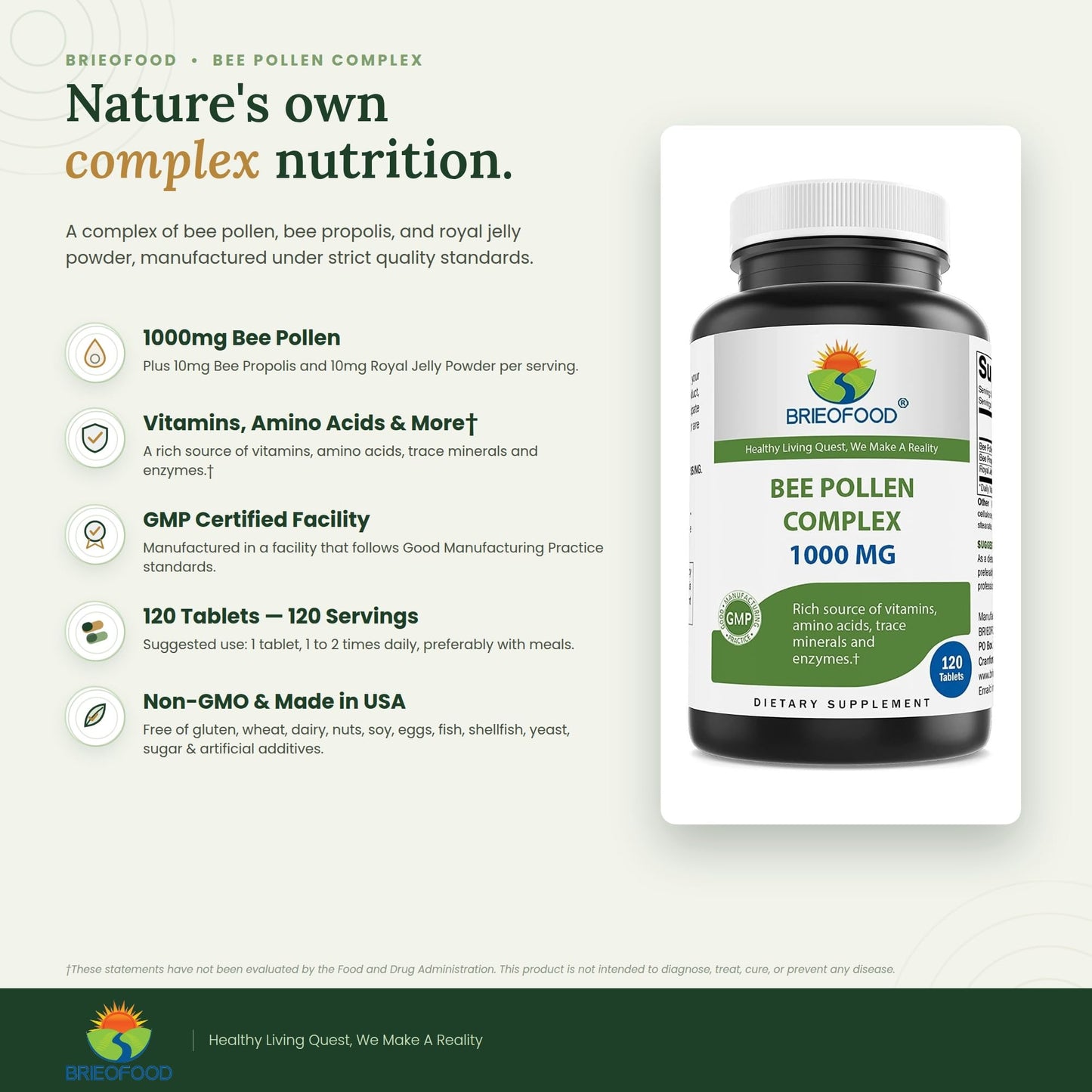 Brieofood Bee Pollen Complex 1000 mg Tablets, 120 Count